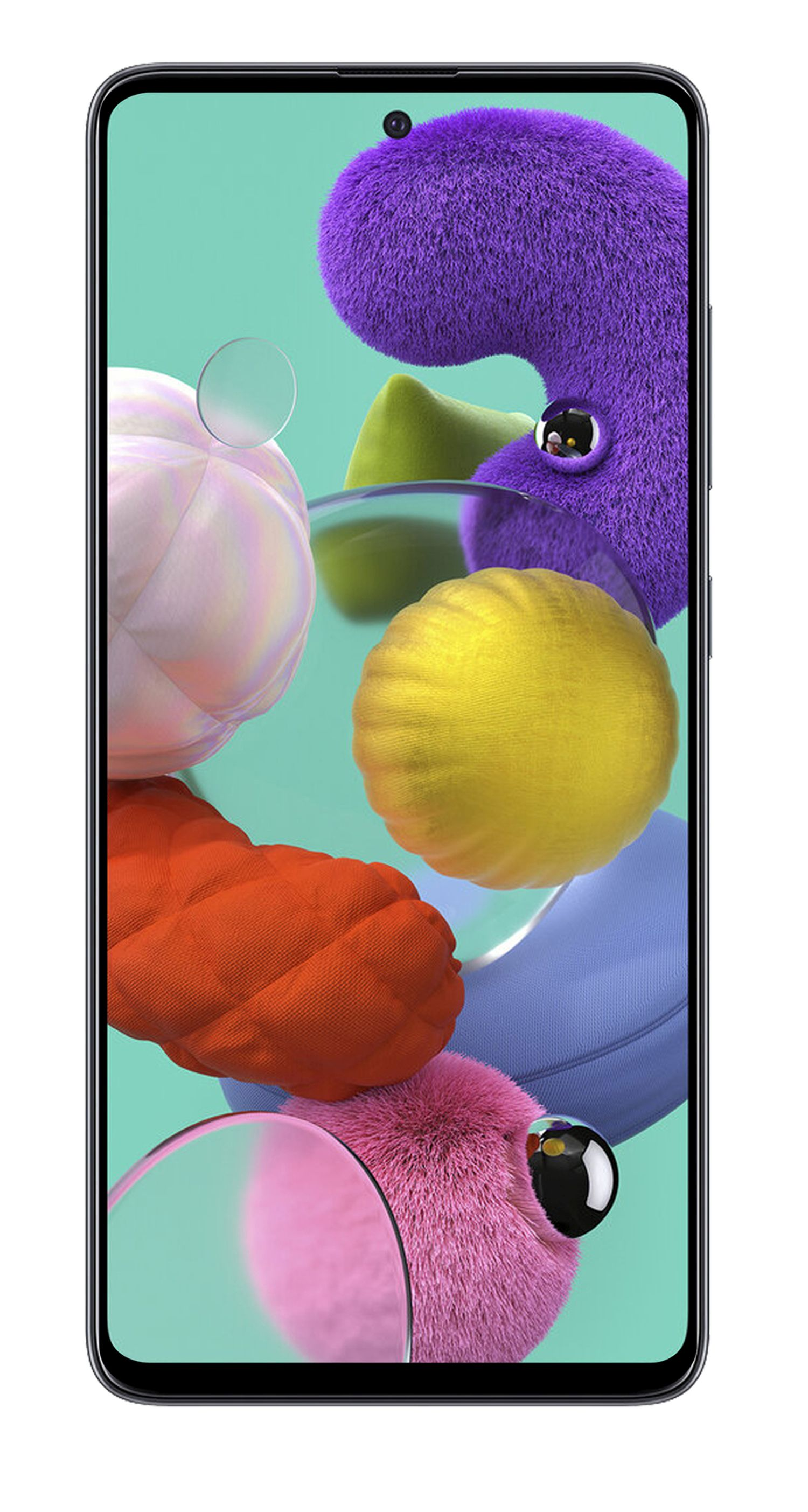 Ein Smartphone mit großem Bildschirm und farbenfrohen abstrakten Formen darauf. Weißer Hintergrund.
