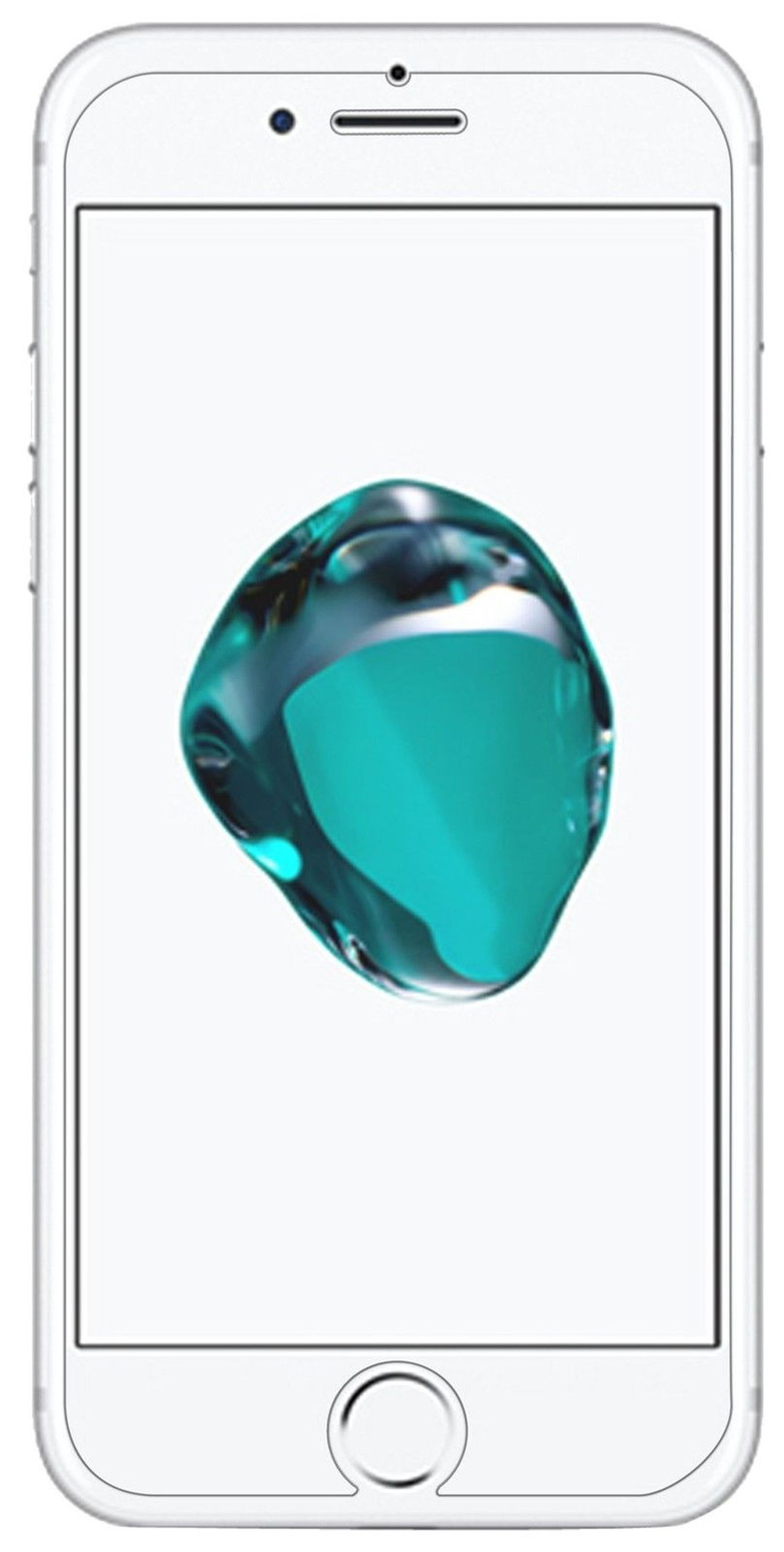 Weißes Telefon mit einem tealfarbenen Wassertropfen auf dem Bildschirm. Das Telefon ist hell, mit Home-Button.