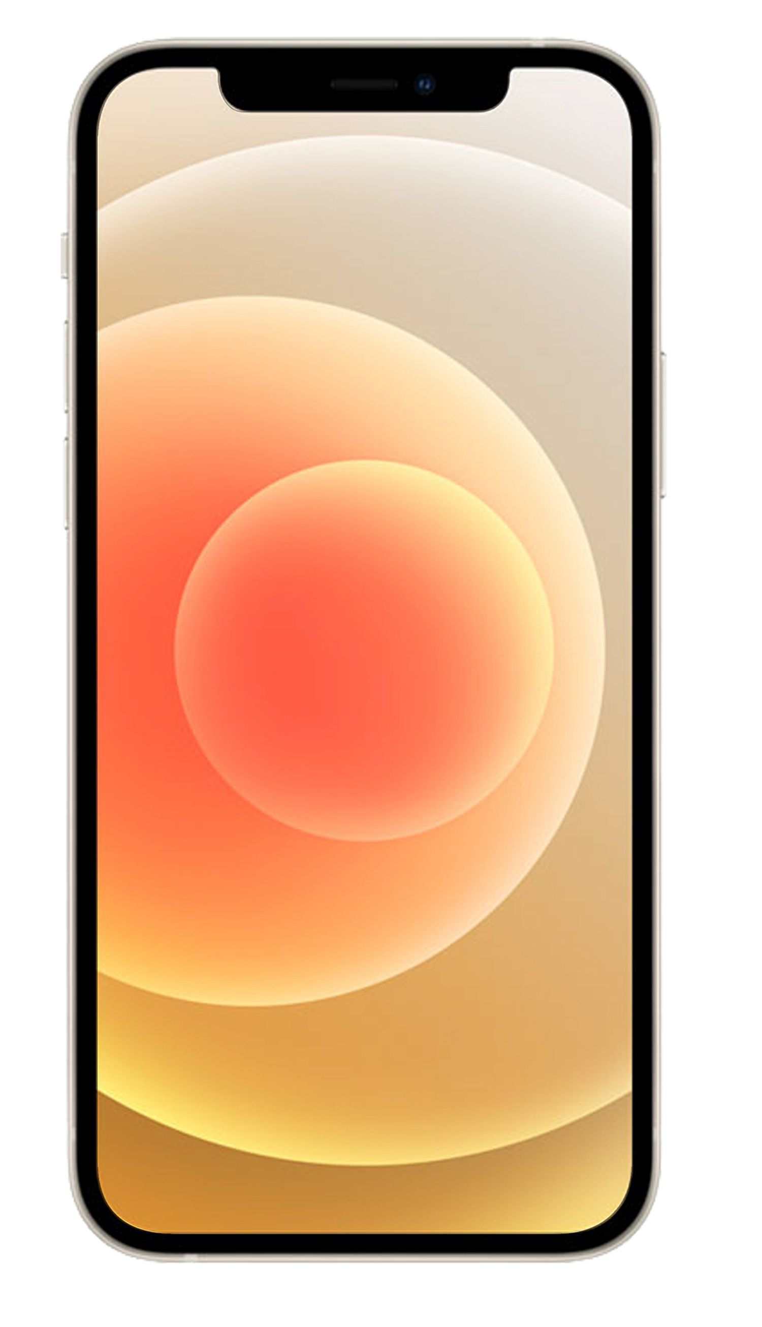 Weißes iPhone mit orange-gelbem Hintergrund. Das Telefon ist der Hauptfokus, hell und farbenfroh.