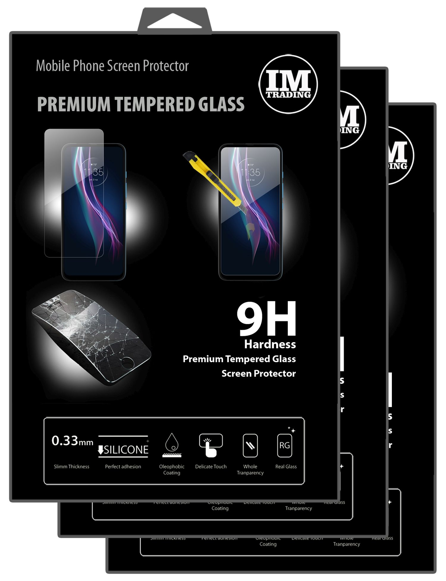 Drei Packungen Displayschutzfolien werden gezeigt. Jede Packung zeigt ein Telefon und ein Messer.