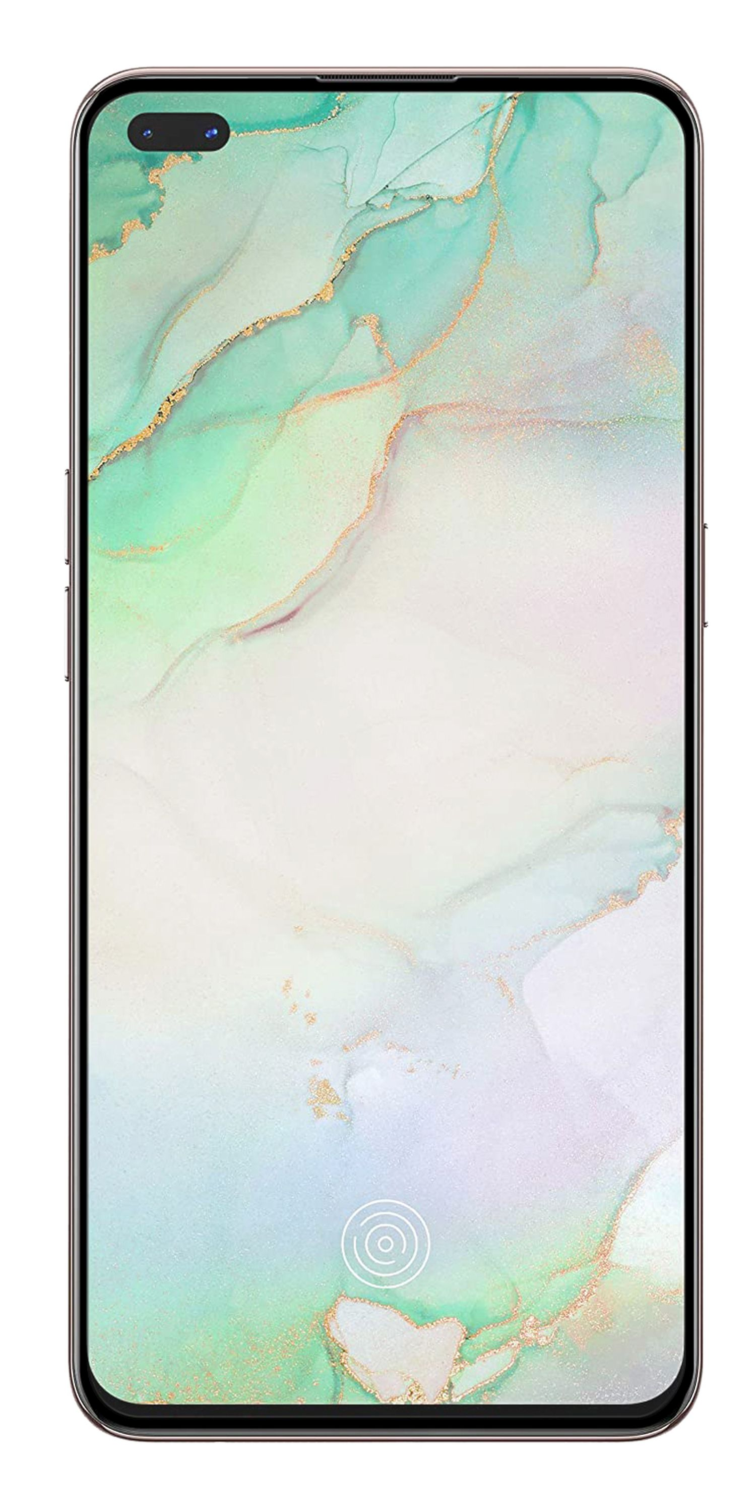Telefon mit farbenfrohem Bildschirm, weißer Hintergrund.