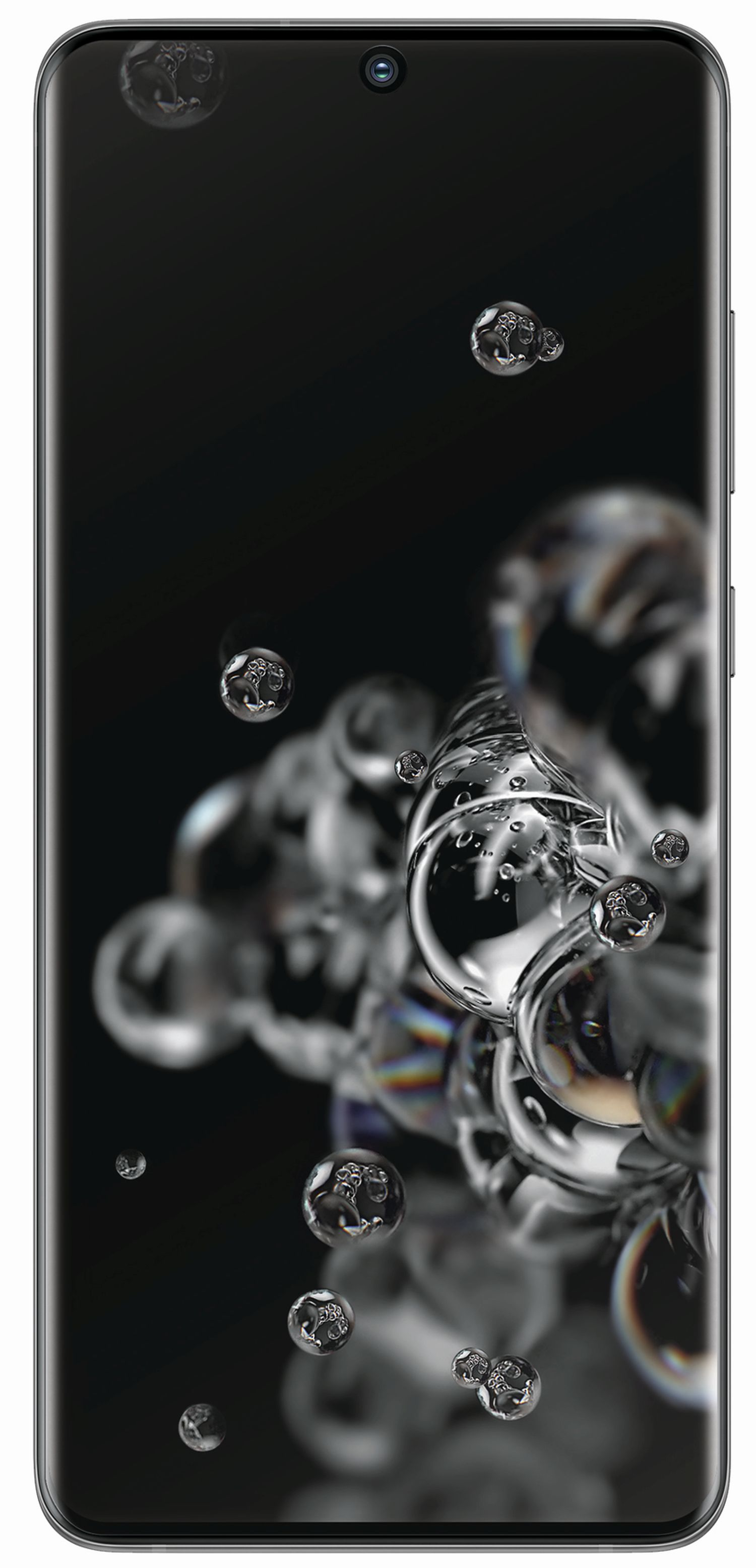 Smartphone mit schwarzem Bildschirm, bedeckt mit reflektierenden Wassertropfen.