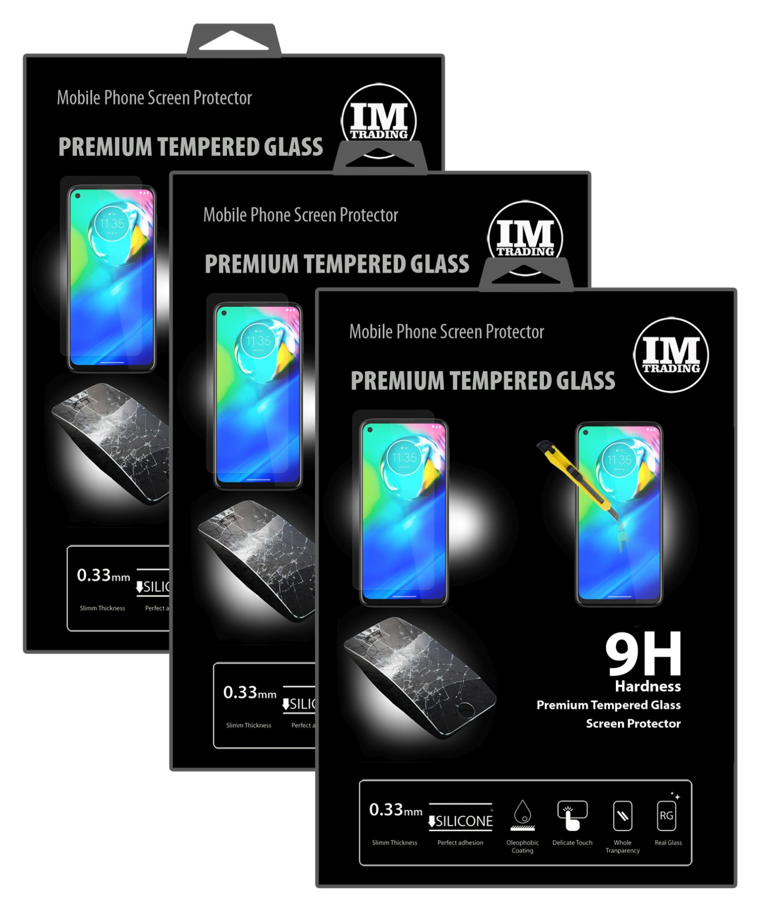 Drei Verpackungen für Displayschutzfolien. Jede zeigt ein Telefon und ein Bild von zerbrochenem Glas, beschriftet mit Premium Tempered Glass.