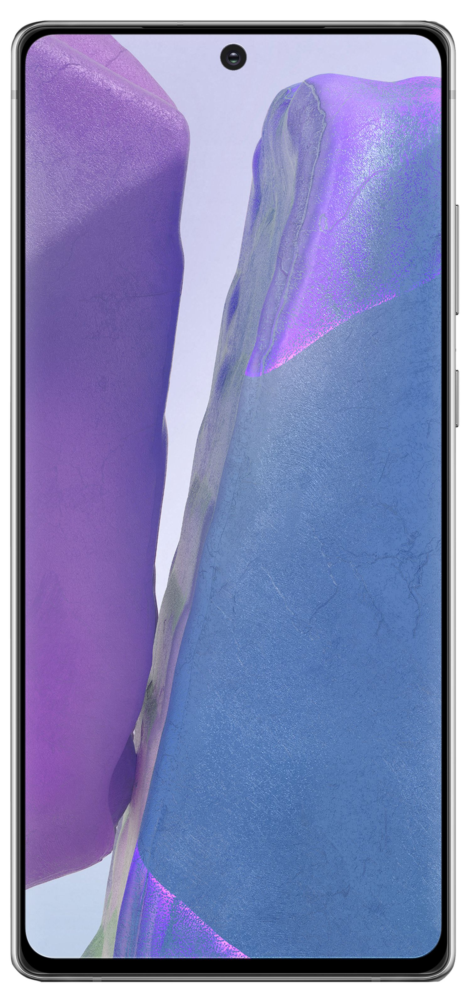 Smartphone mit vertikalem Design, abstrakten Formen und einzelner Frontkamera.