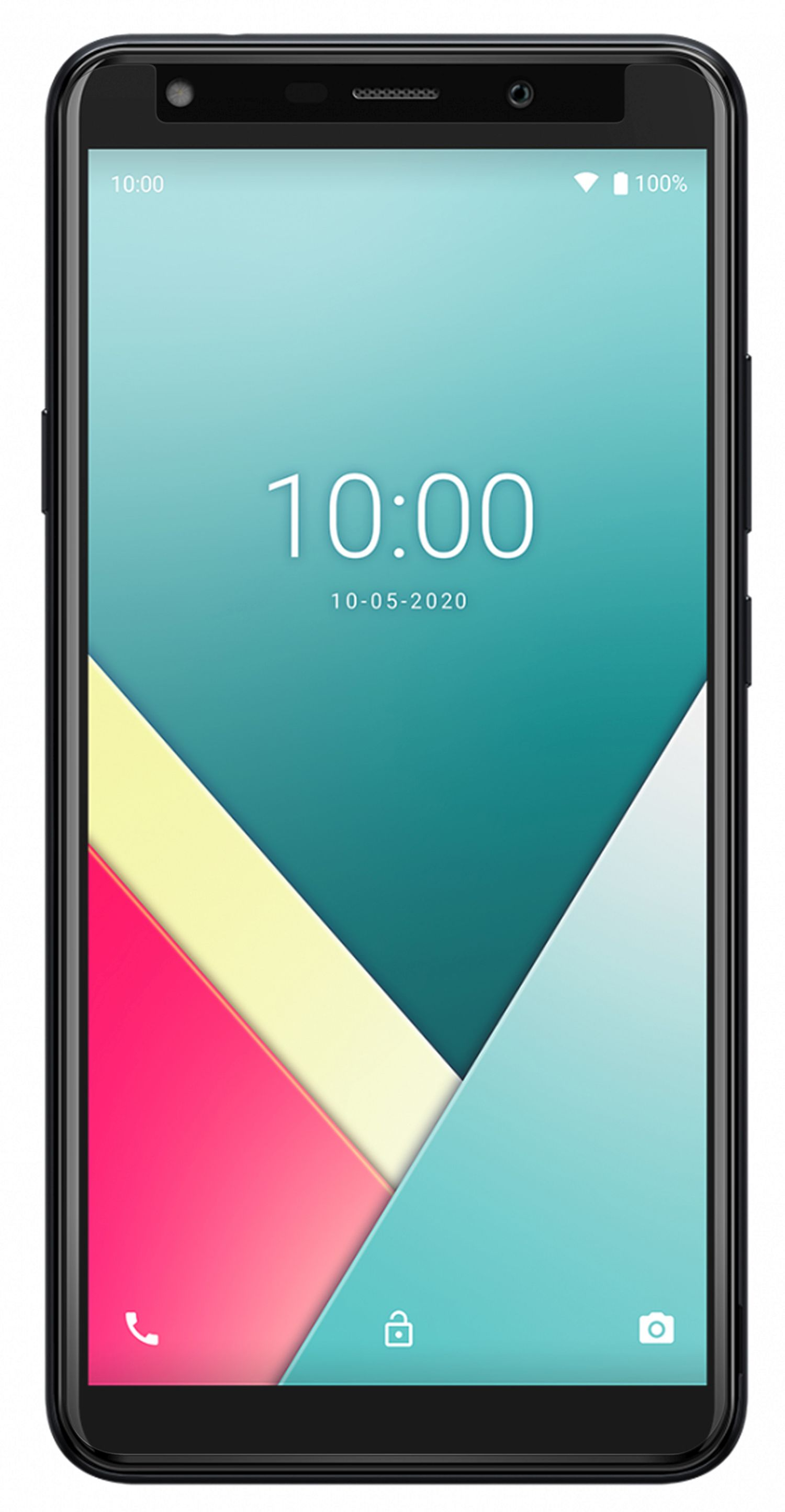 Ein schwarzes Smartphone mit einem türkis-rosa Bildschirm, der Uhrzeit und Datum anzeigt.
