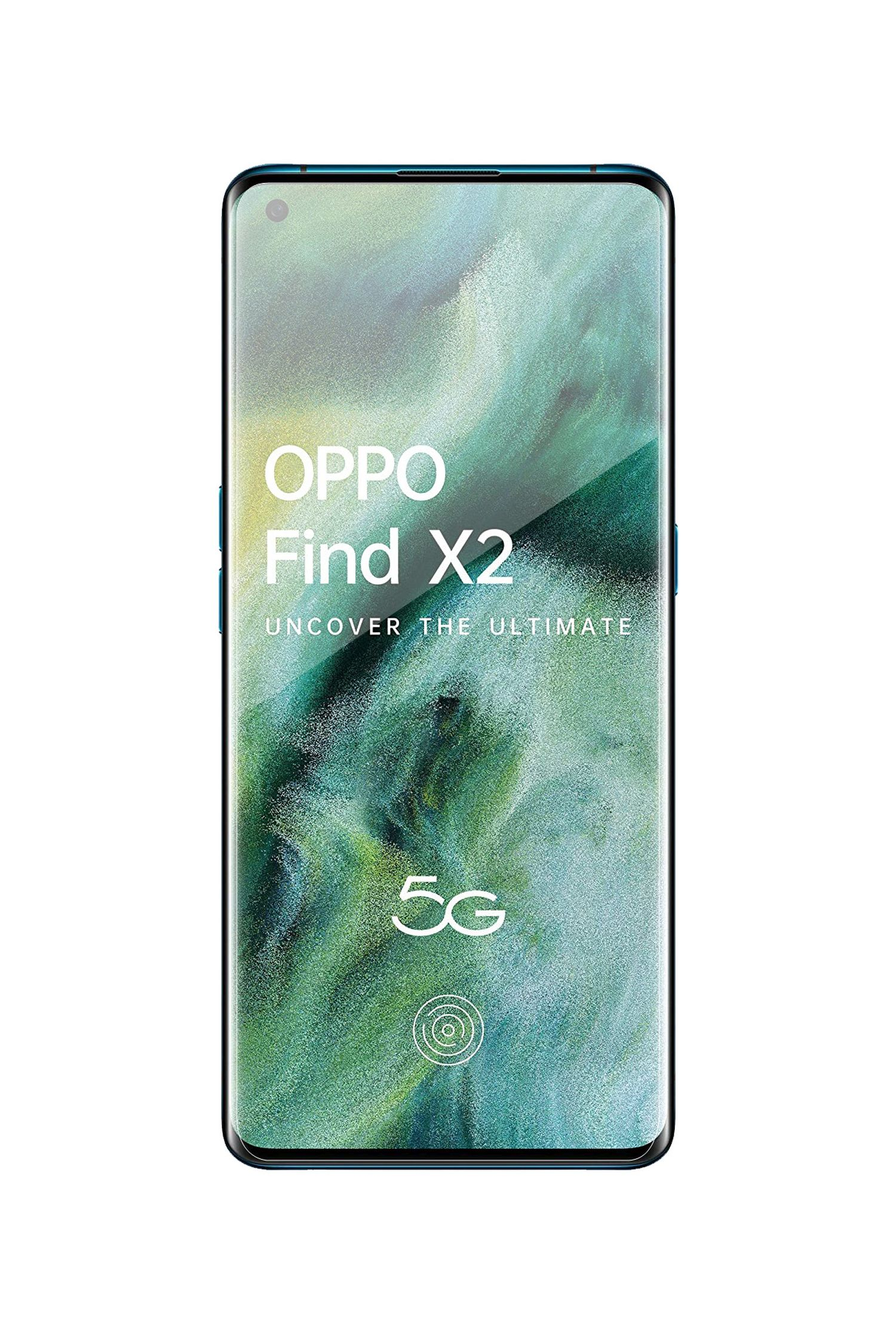 OPPO Find X2 Telefon mit eingeschaltetem Bildschirm, der einen blau-grünen Hintergrund zeigt.