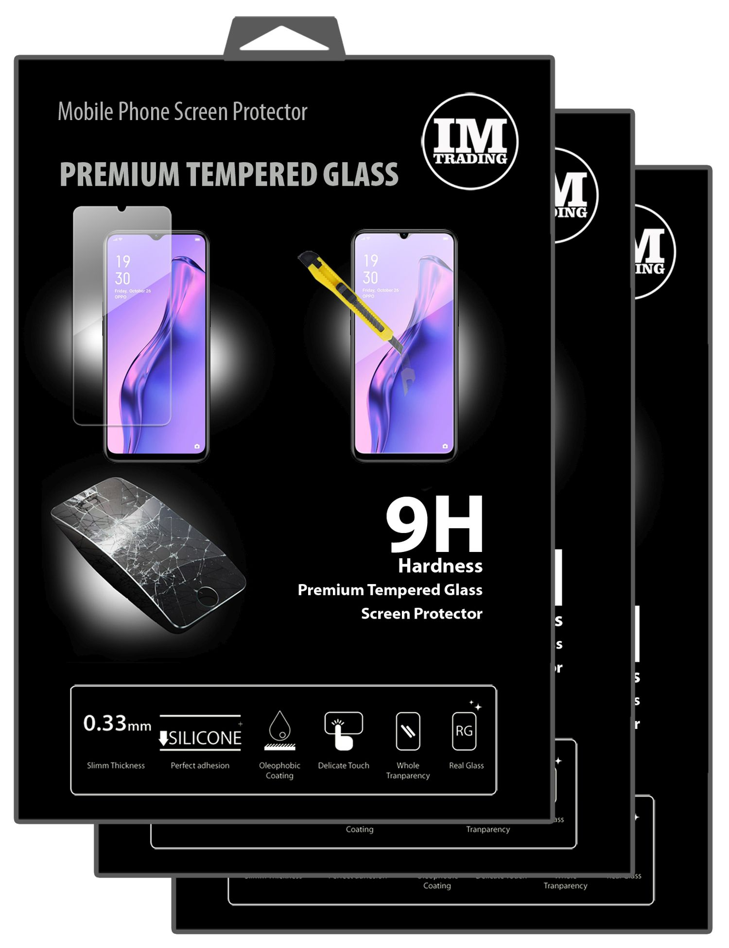 Schwarze Verpackung mit Displayschutzfolien, zeigt Telefonbilder und Produktdetails.