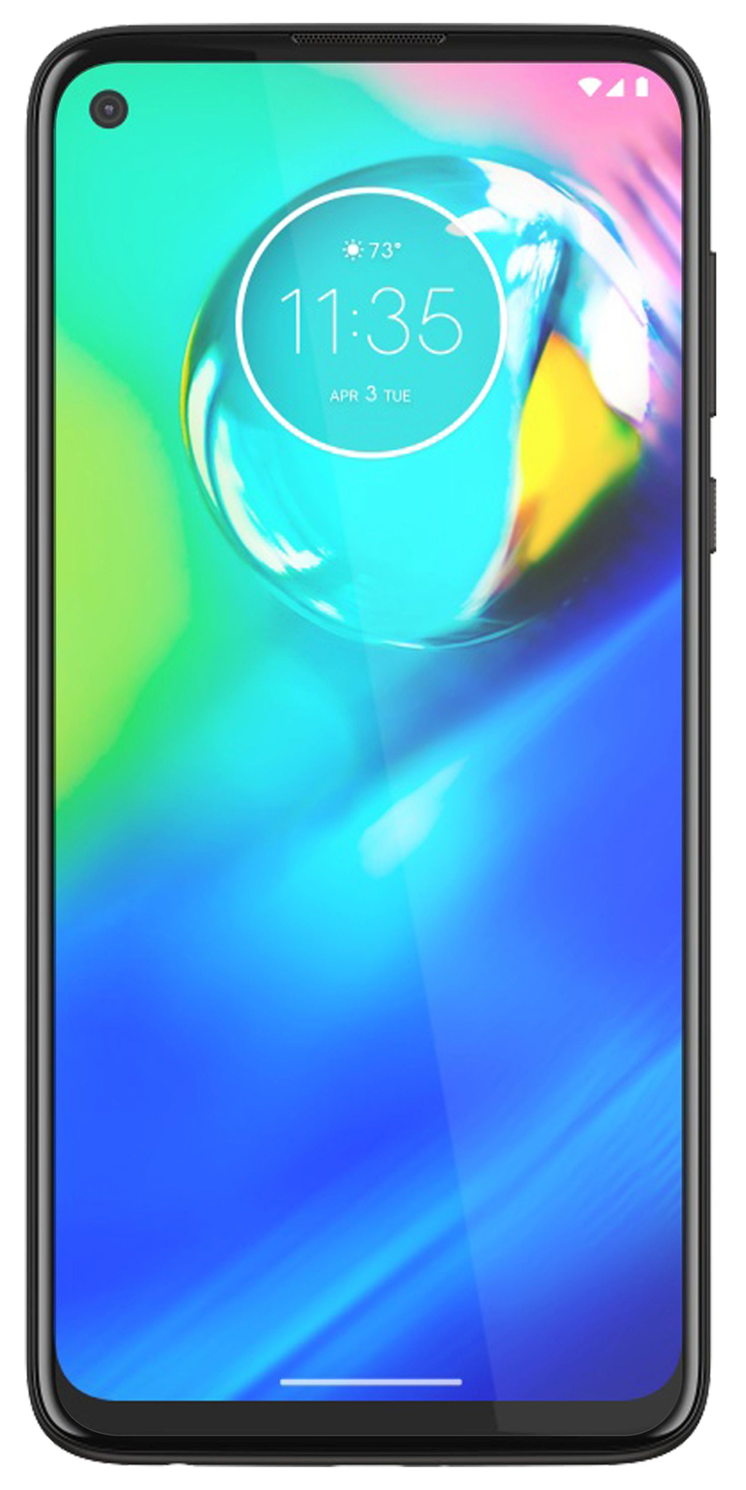 Smartphone mit hellem, farbenfrohem Display, das die Uhrzeit und Wetter-App mit blauem und gelbem Hintergrund zeigt.