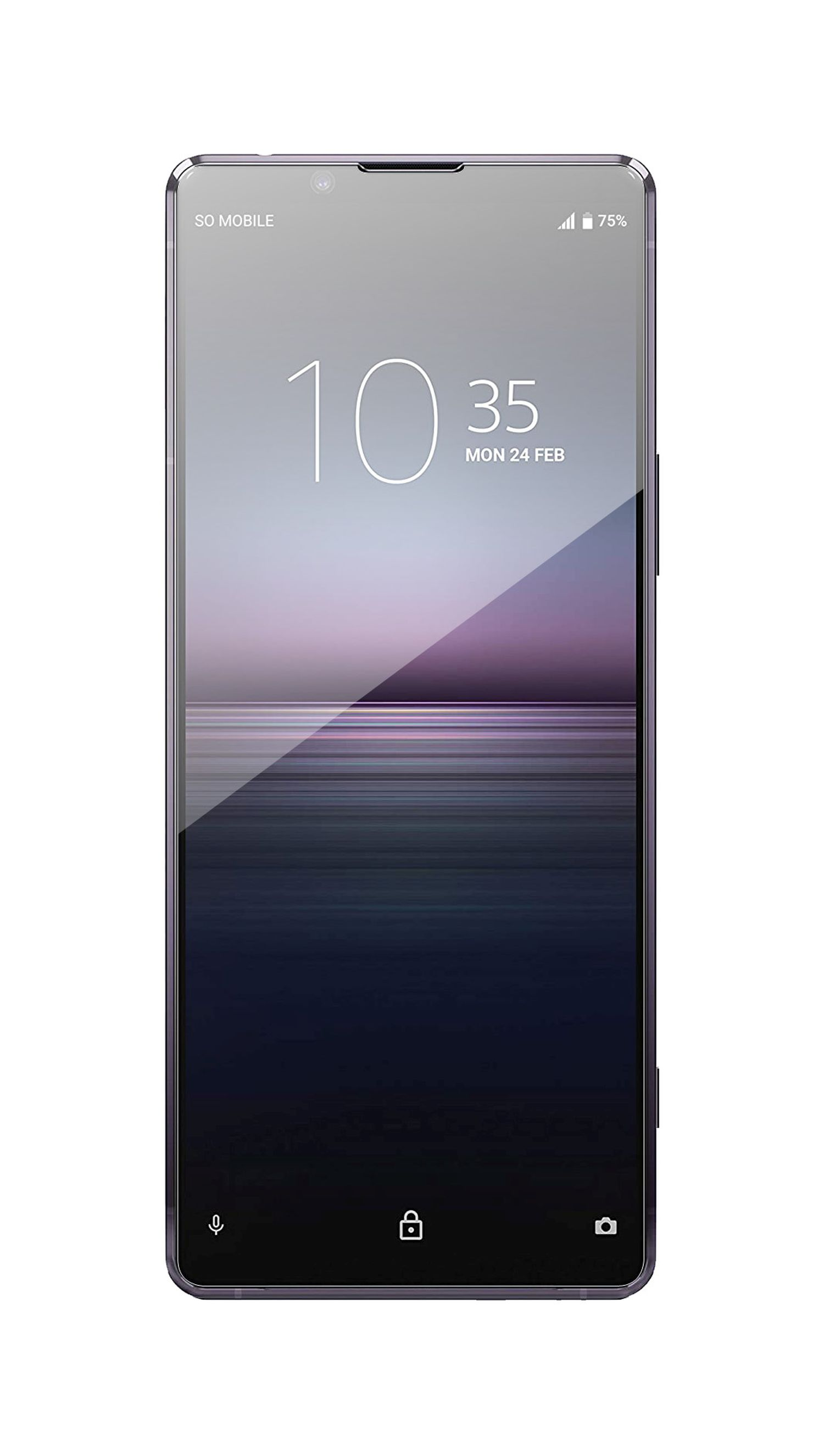 Sony-Smartphone mit der Uhrzeit 10:35 auf dem Bildschirm. Dunkler Gradientenhintergrund.