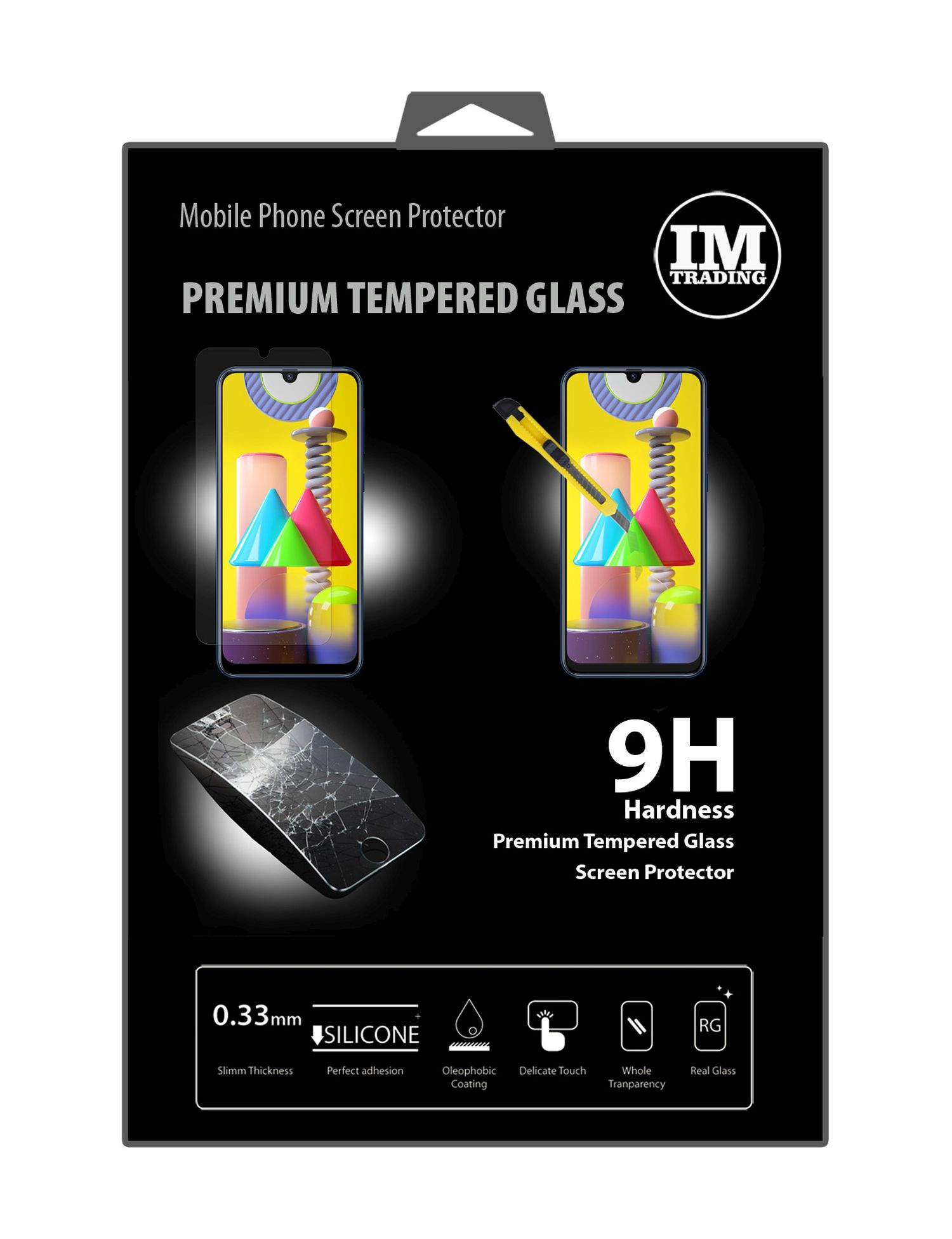 Schwarze Verpackung mit Telefon und Displayschutz. Zeigt einen zerbrochenen Bildschirm und einen intakten Bildschirm.