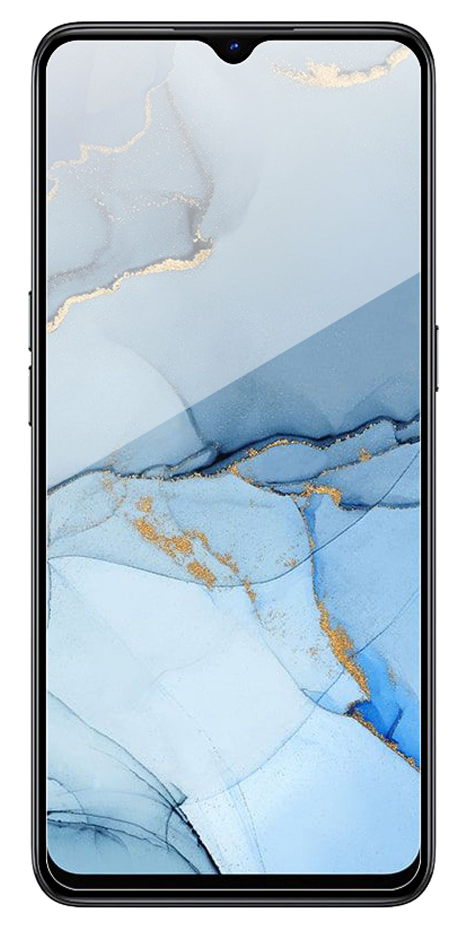 Ein Smartphone mit hellblauem und goldenem Design auf dem Bildschirm.