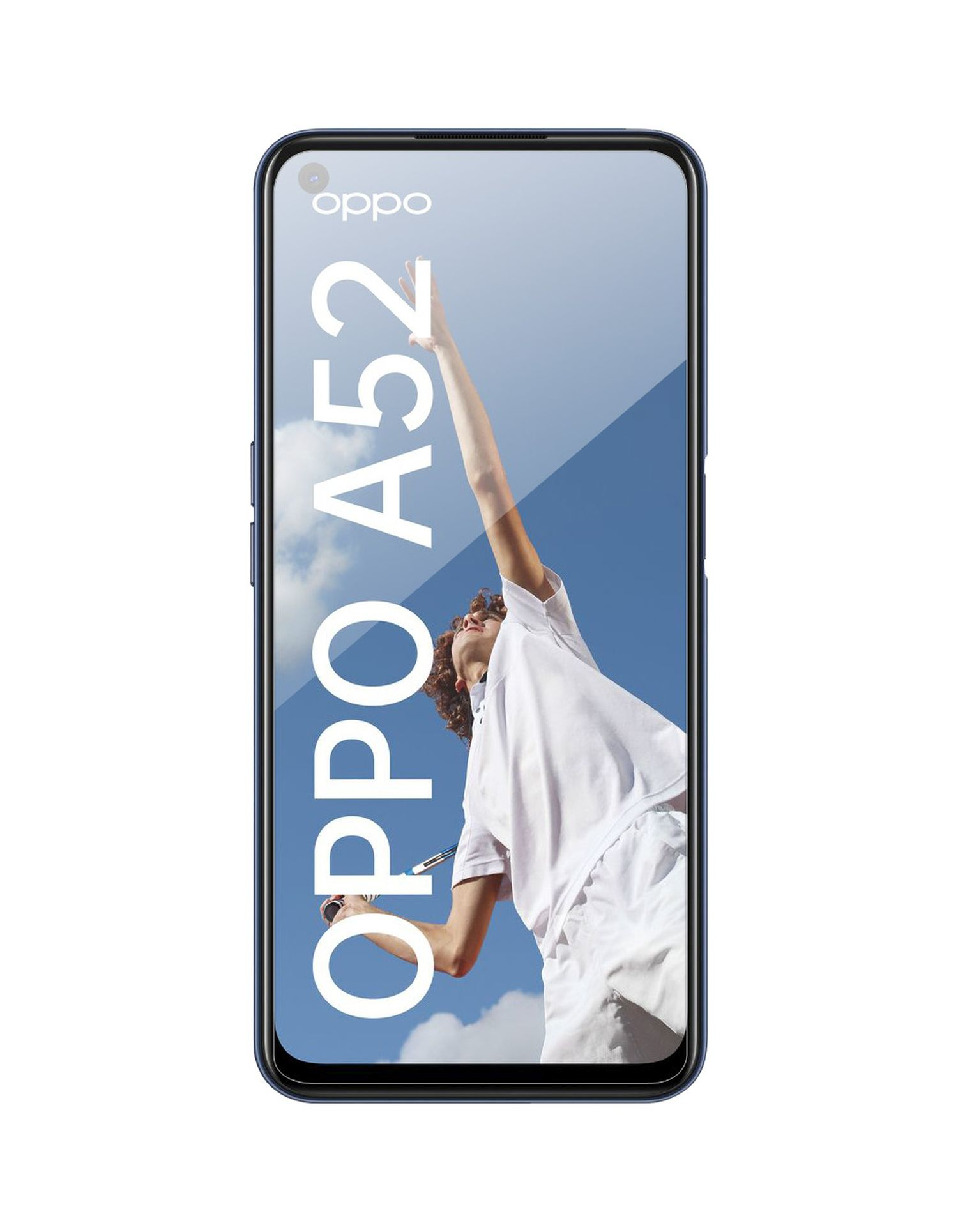 Oppo A52 Telefon wird angezeigt. Eine Person wirft einen Ball in den Himmel. Blauer Hintergrund.