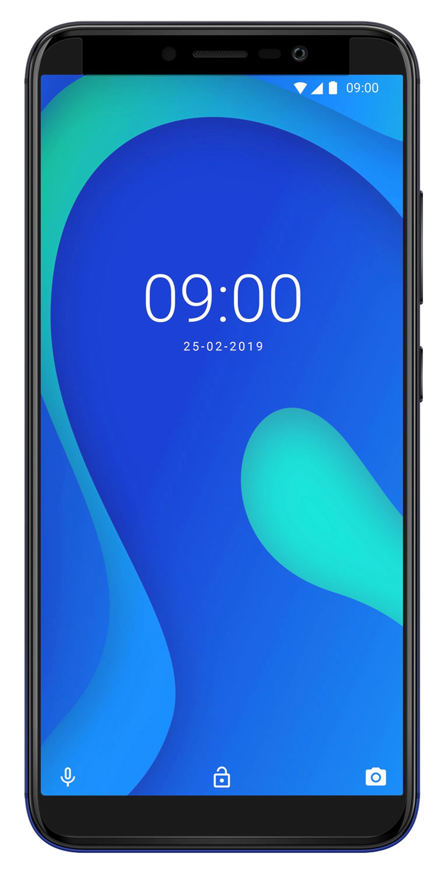 Ein Smartphone mit blau-grünem Farbverlauf, das die Uhrzeit 09:00 und das Datum 25.02.2019 anzeigt.