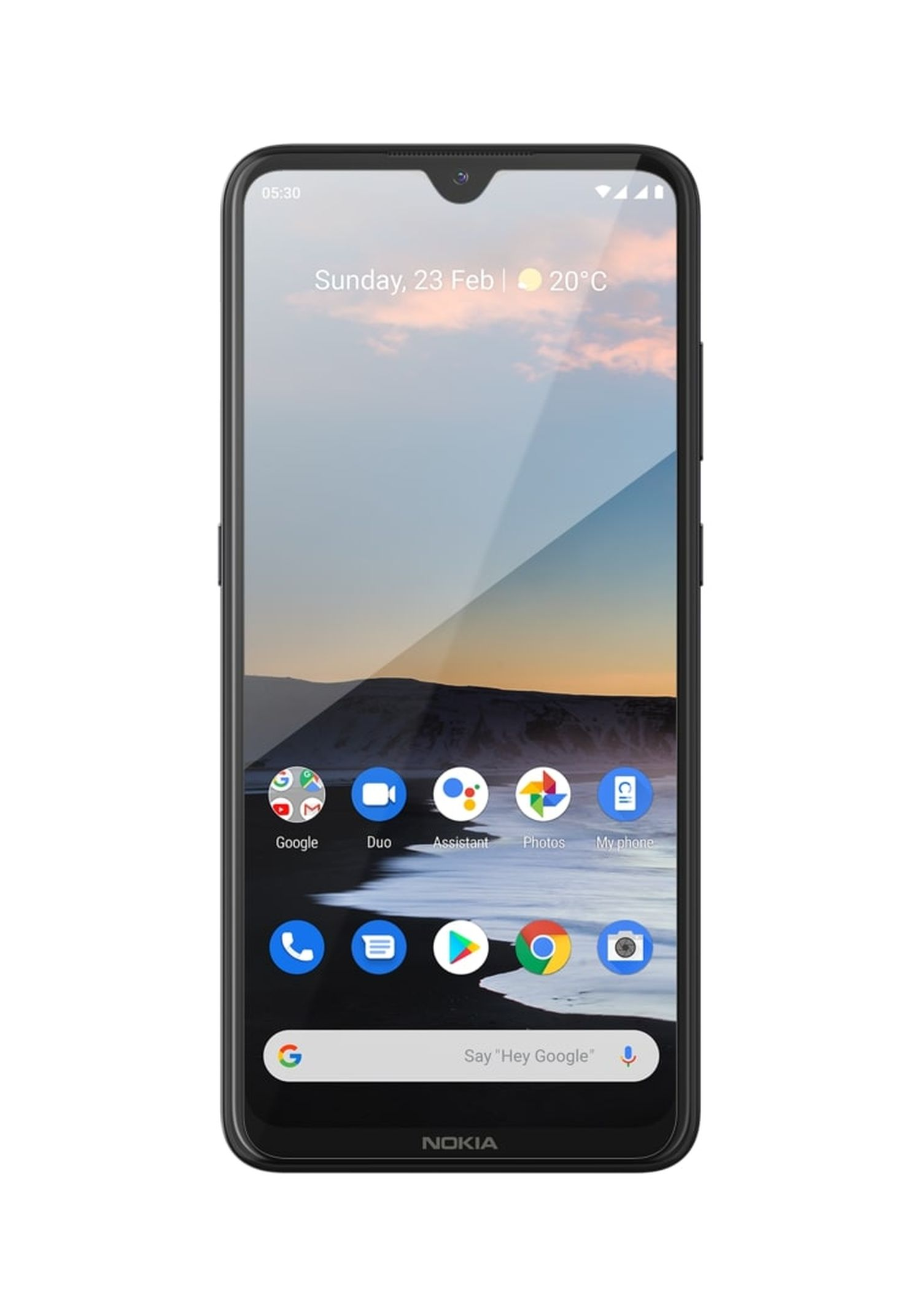 Nokia-Telefon auf weißer Oberfläche. Der Bildschirm zeigt ein Landschaftsbild mit Symbolen.