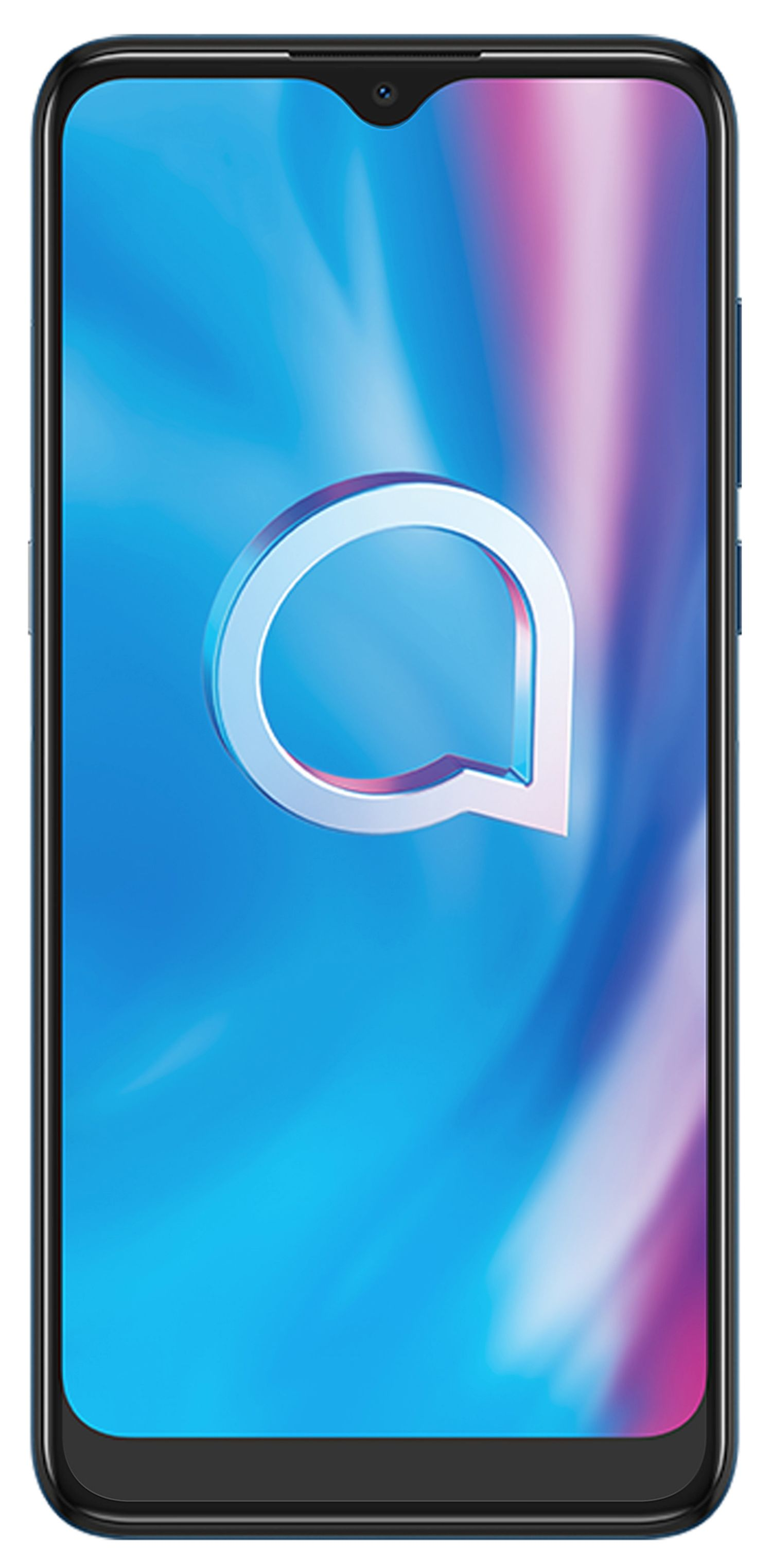Alcatel-Telefon auf Weiß, mit blau-weißem Bildschirm. Schwarzer Rahmen und weißes Logo.