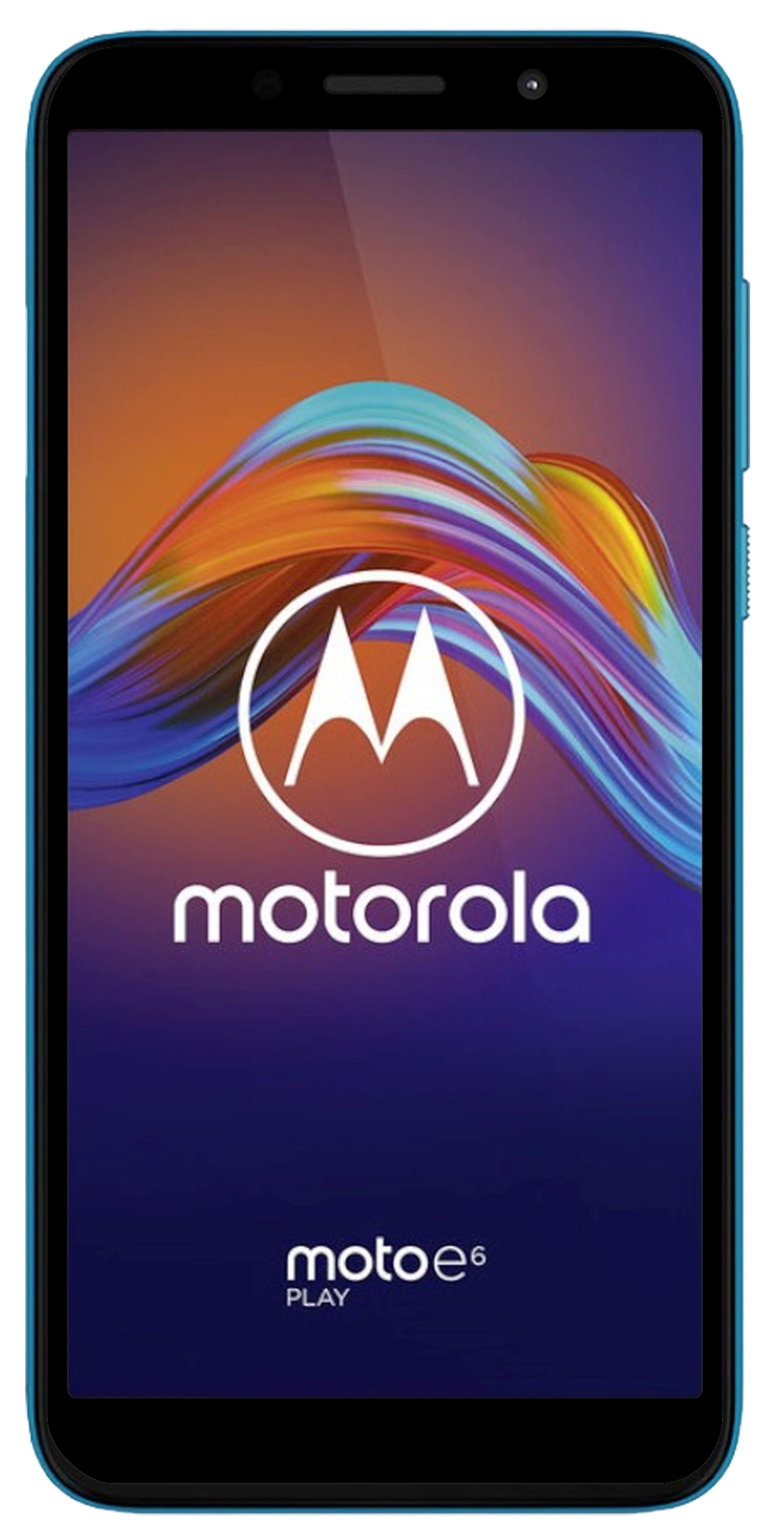Blaues Motorola-Telefon mit dem Motorola-Logo auf einem bunten Bildschirm.