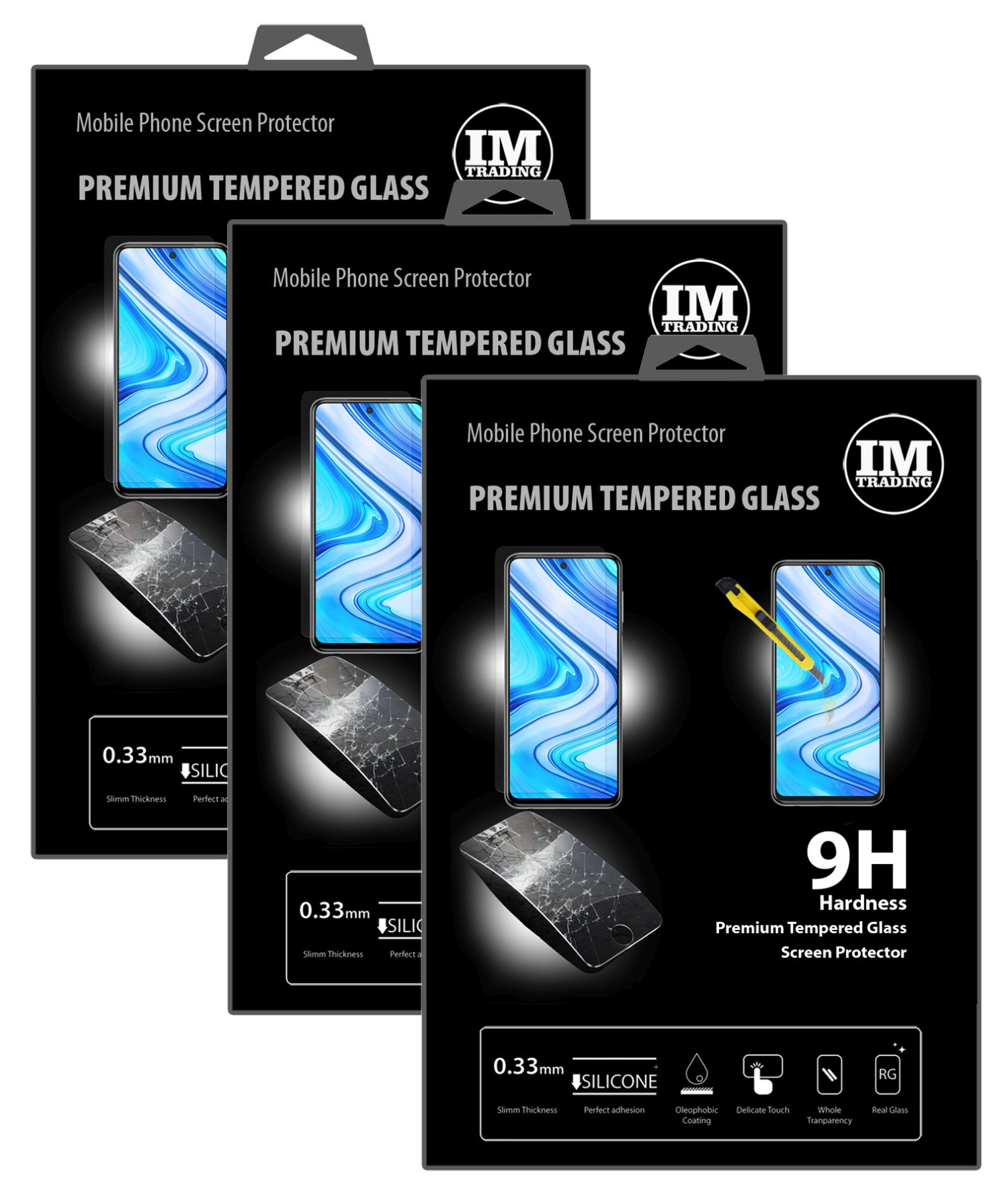 Drei Schachteln mit Displayschutzfolien aus gehärtetem Glas für Telefone, mit Telefonbildern.