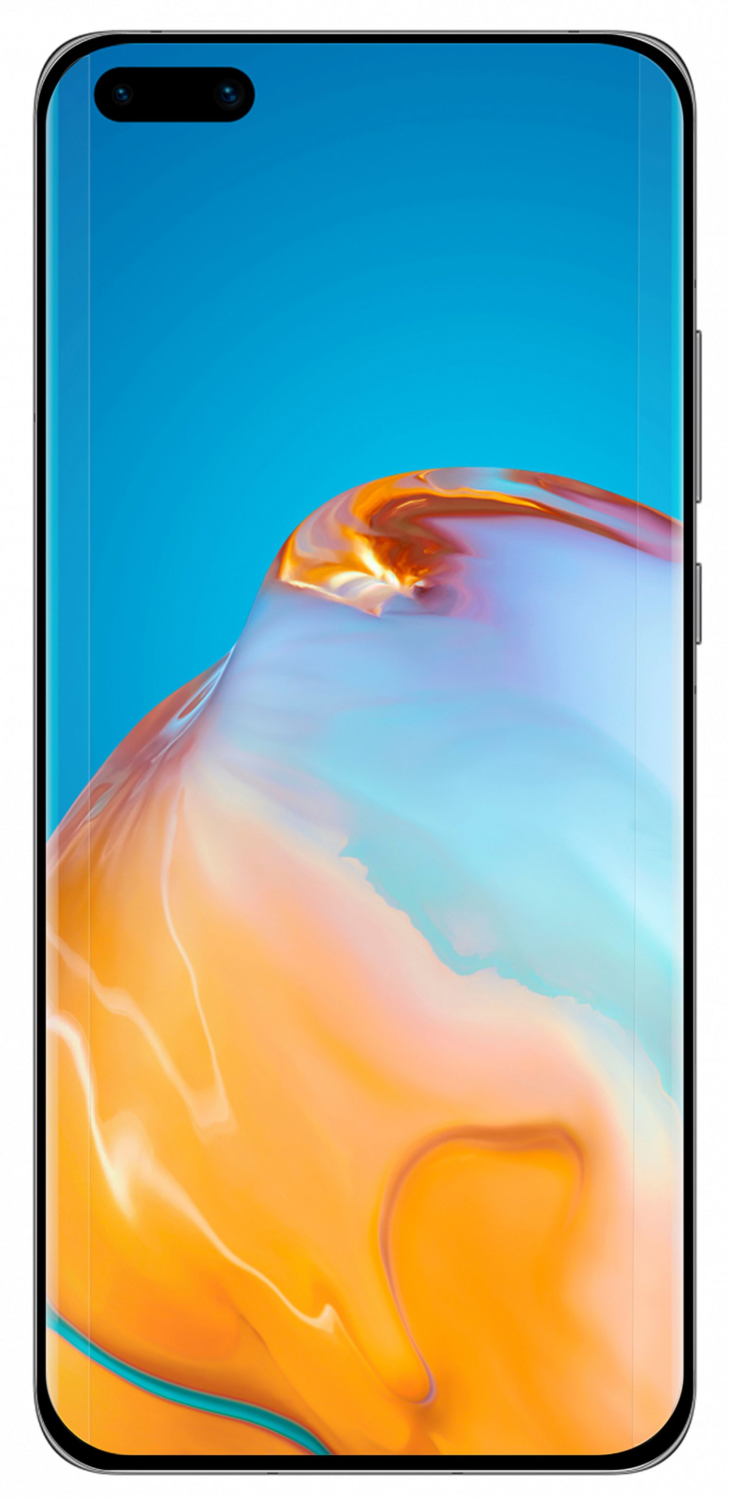 Ein Telefon mit hellblauem und orangefarbenem, abstraktem Hintergrund. Der Bildschirm zeigt ein Design.