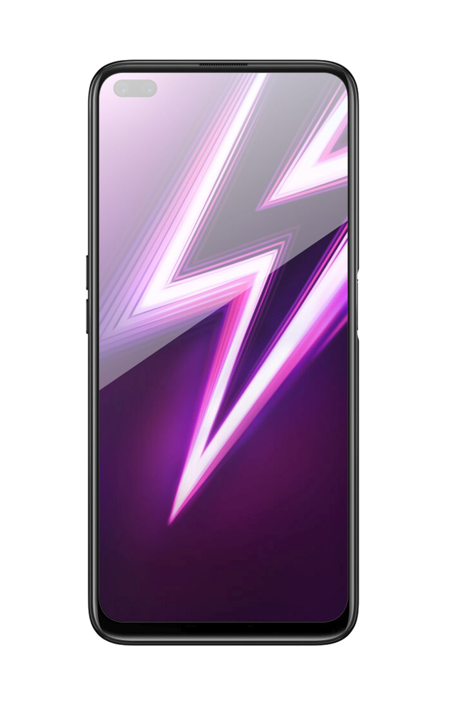 Schwarzes Telefon mit lila und pinkfarbenem Blitzdesign auf dem Bildschirm. Vorderansicht.