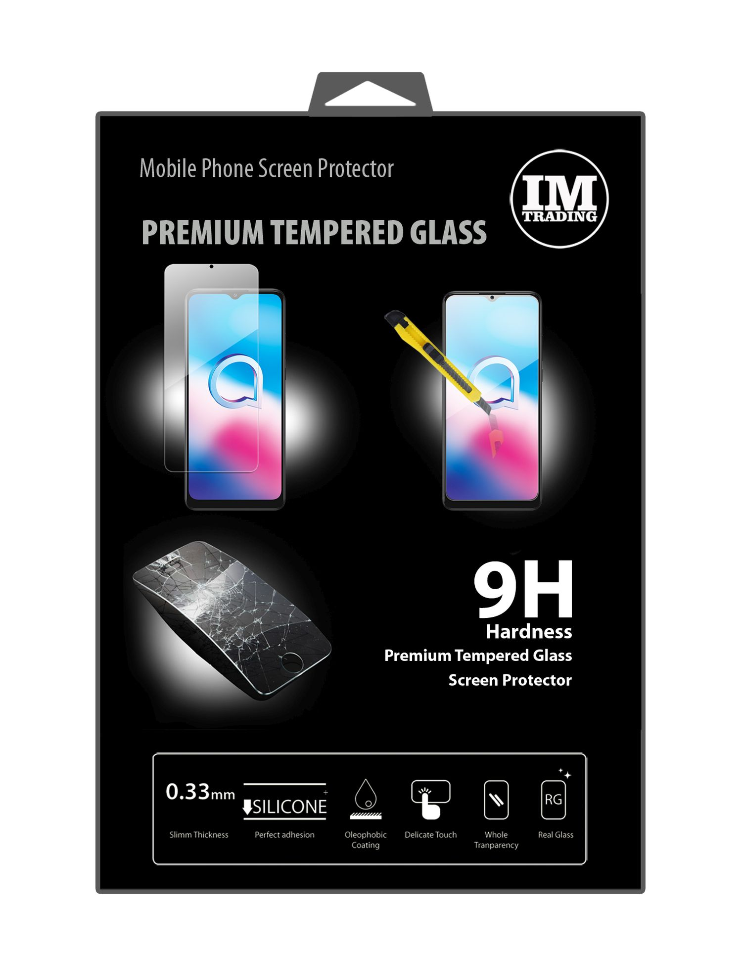 Eine schwarze Box mit einem Displayschutz, einem Telefon, einem Cutter und Text über das Produkt.