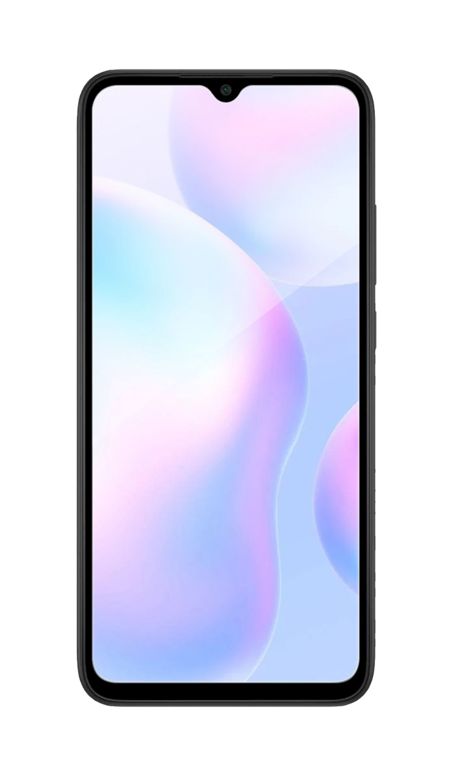 Smartphone mit schwarzem Gehäuse, zeigt abstrakte blaue und rosa Formen.