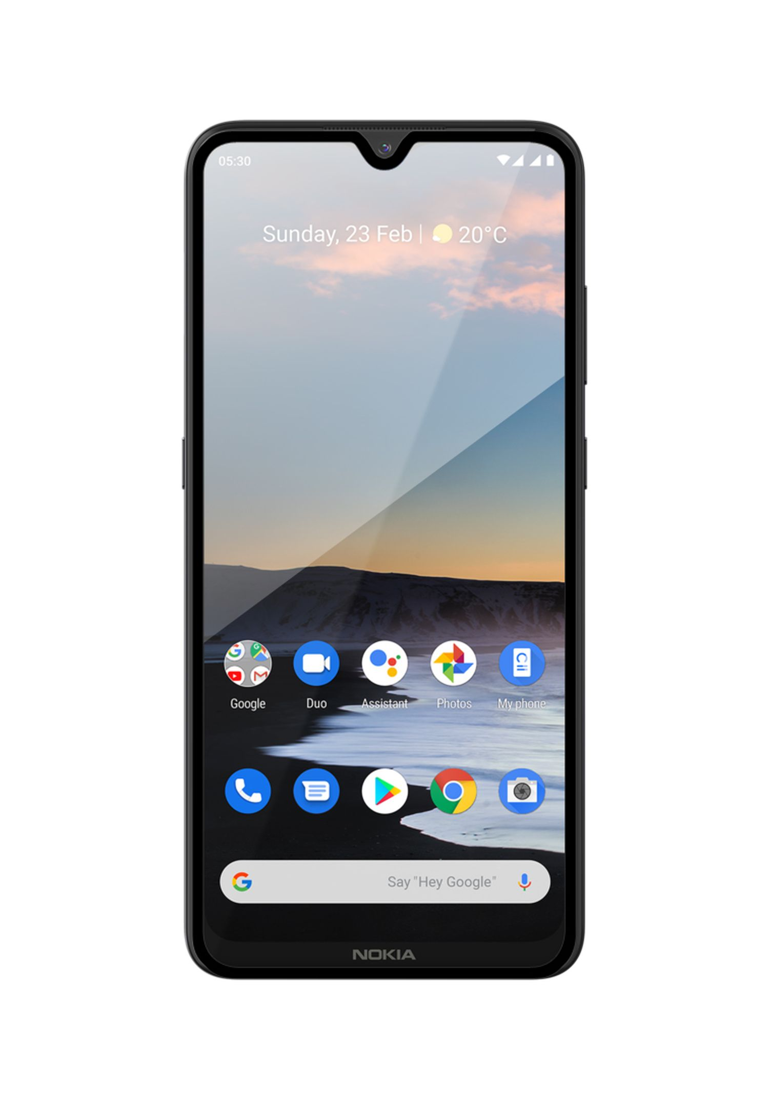 Schwarzes Nokia-Telefon mit Startbildschirm, der Apps zeigt. Weißer Hintergrund.