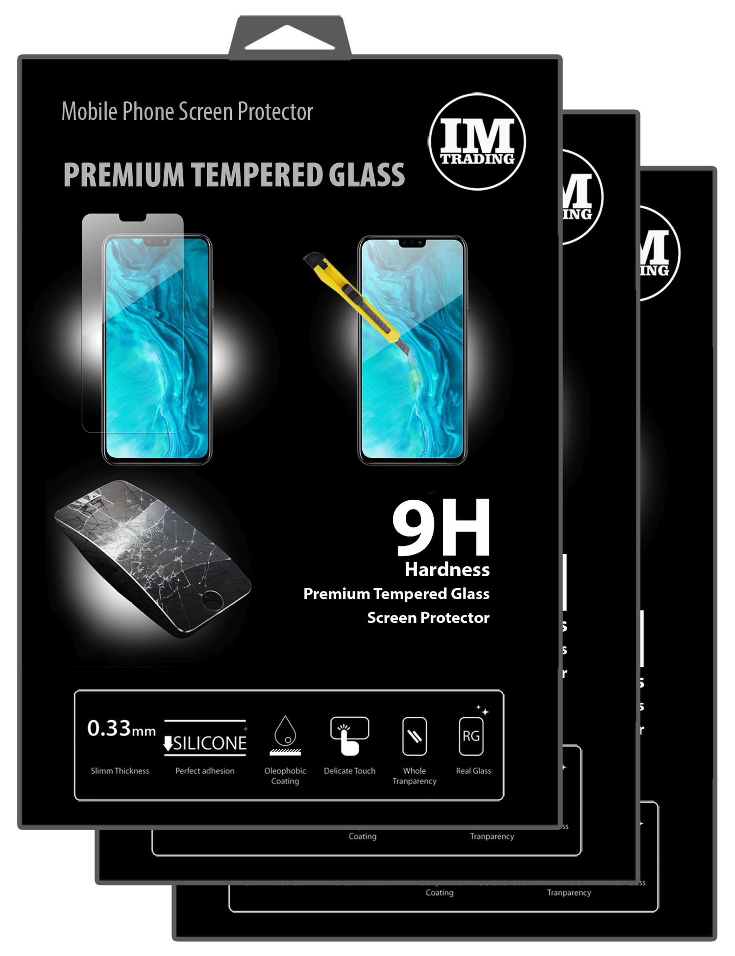 Drei Packungen Displayschutzfolien mit Telefon- und Cutter-Illustrationen.