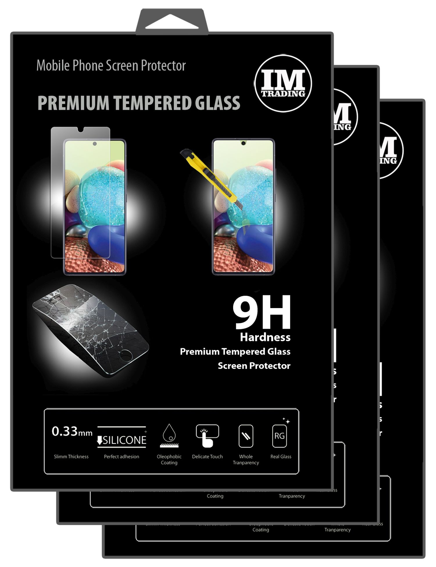 Handy-Displayschutzfolien. Es werden drei Packungen Displayschutzfolien aus gehärtetem Glas gezeigt.