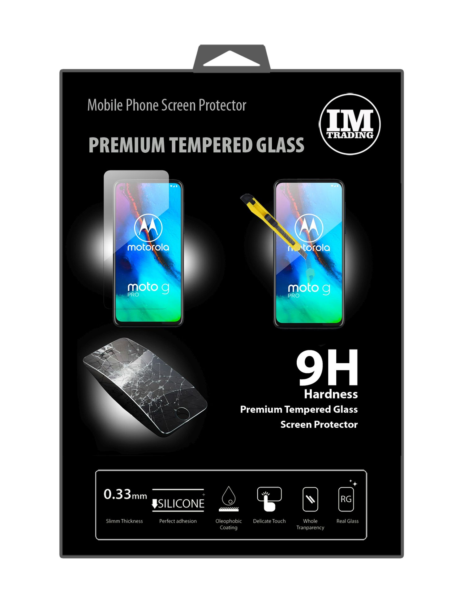 Schachtel mit Displayschutzfolien, einem Telefon und zerbrochenem Glas. Enthält den Text 'Premium Tempered Glass'.
