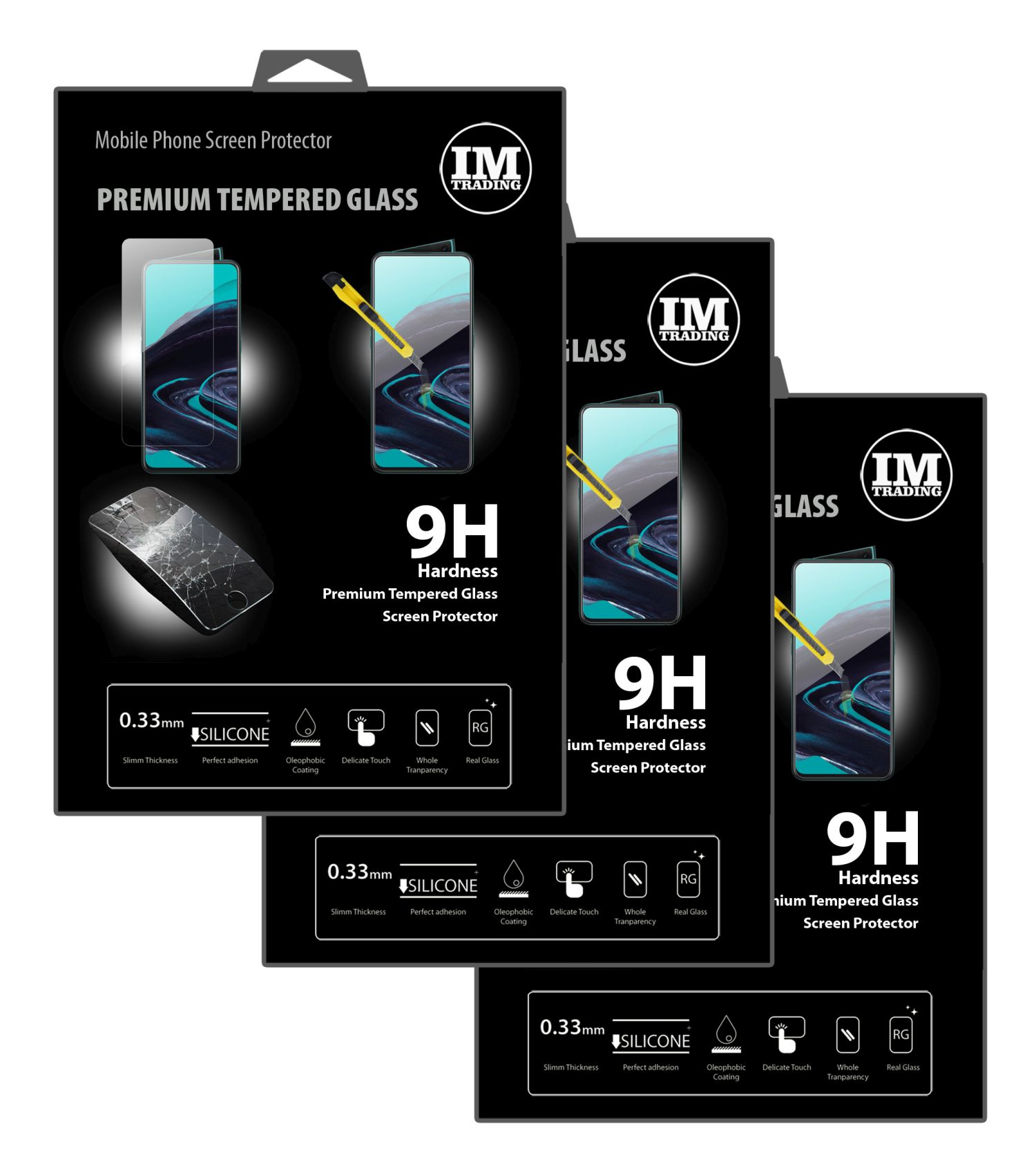 Verpackung von Displayschutzfolien aus gehärtetem Glas für Mobiltelefone.