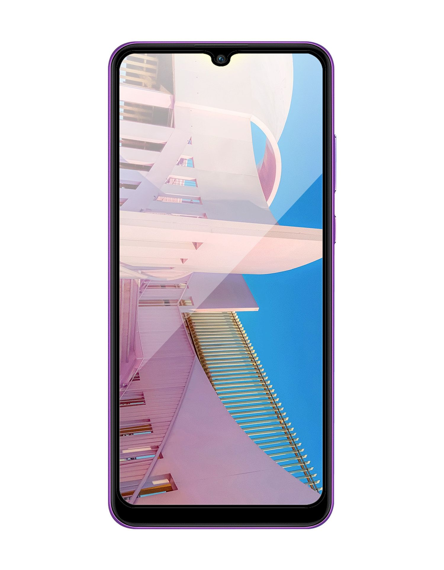Ein lila Telefon zeigt ein modernes architektonisches Design auf seinem Bildschirm, blauer Himmel im Hintergrund.