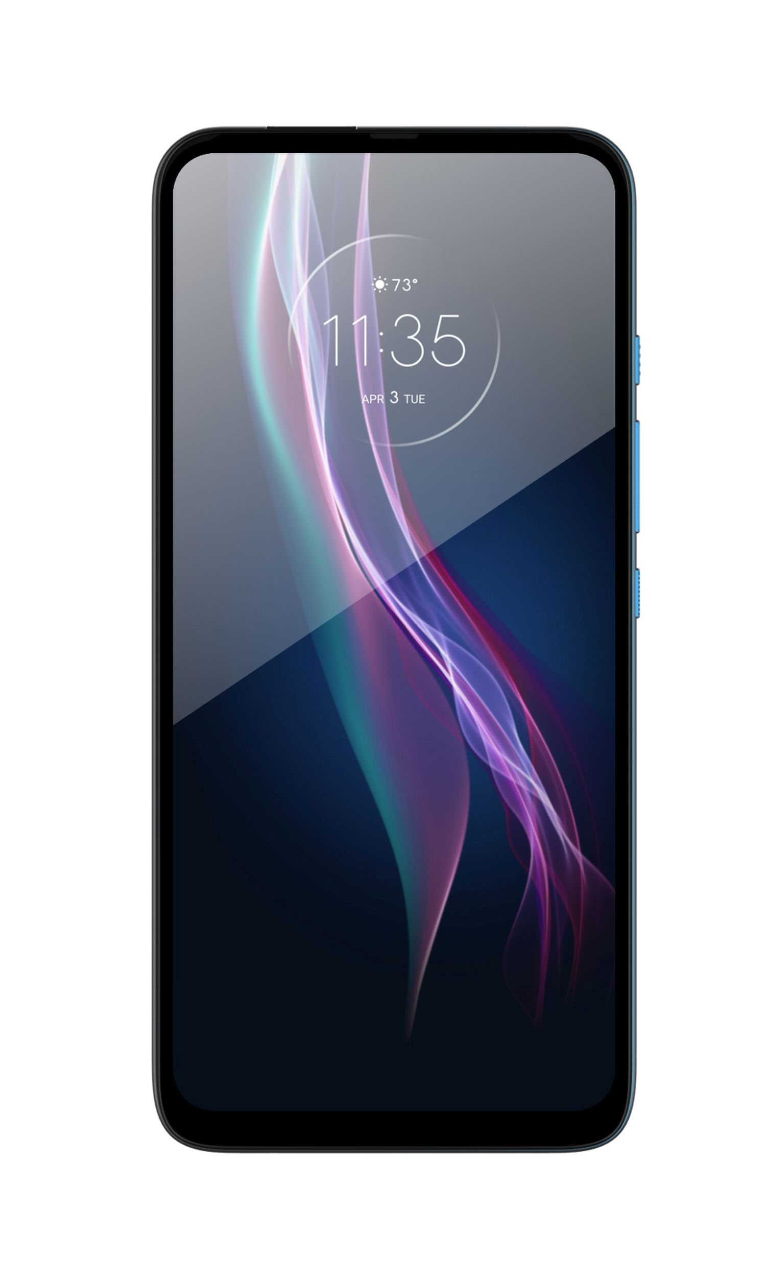 Smartphone mit blauen Seitentasten und dunklem Bildschirm. Der Bildschirm zeigt Datum und Uhrzeit.