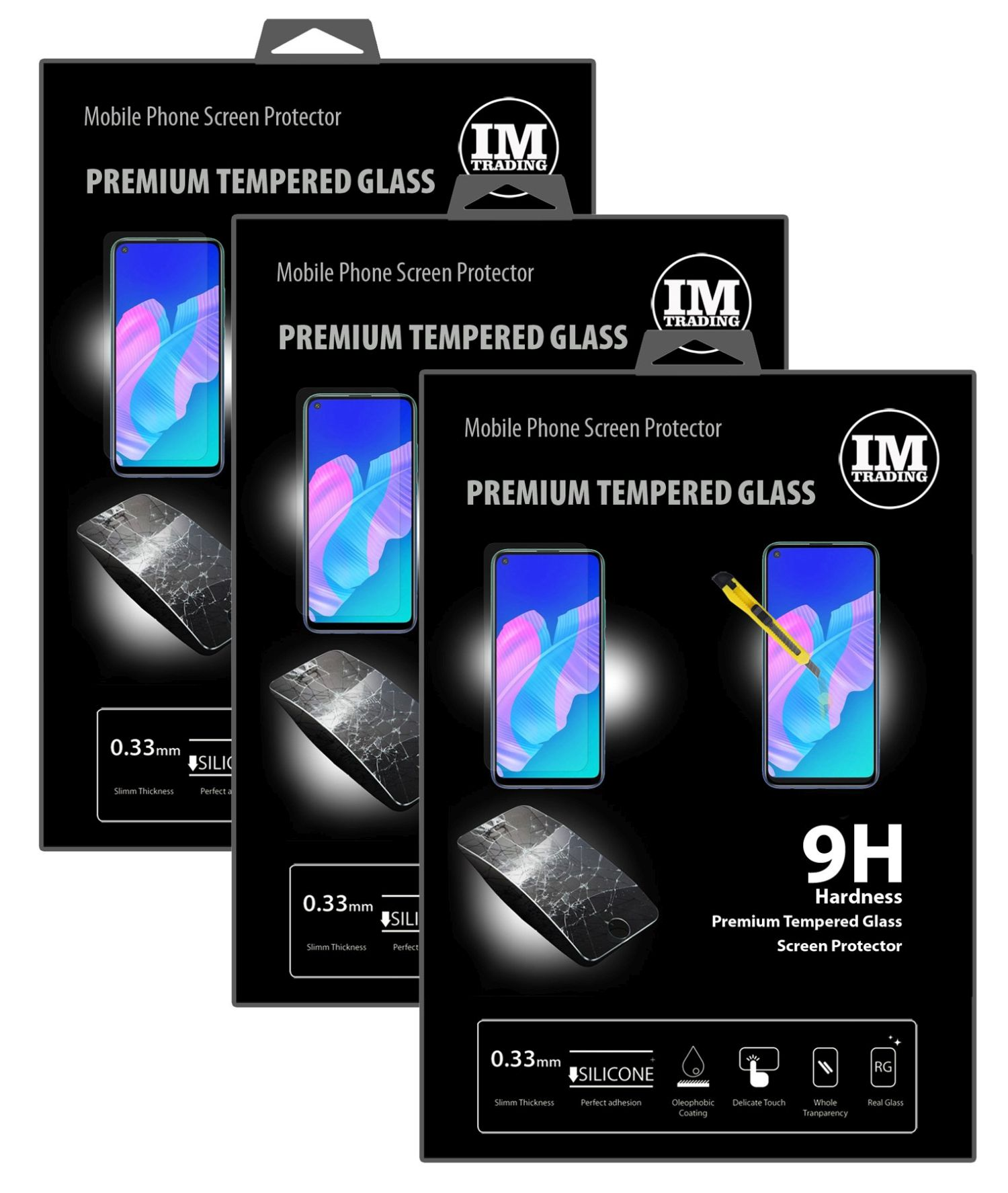Drei schwarze Boxen mit Displayschutzfolie und Telefonbildern. Weißer Hintergrund.