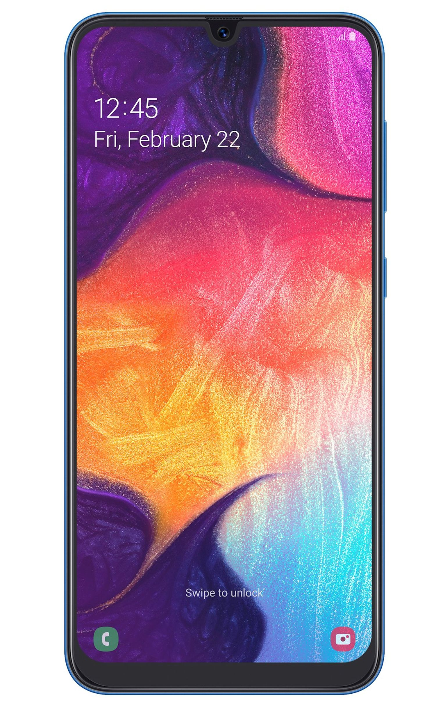 Blaues Smartphone mit lebendigem Bildschirm, der Uhrzeit und App-Icons anzeigt.