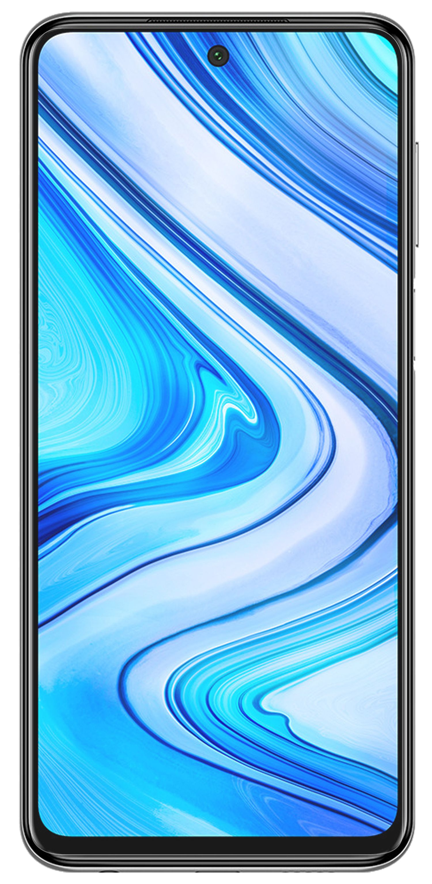Ein Smartphone mit blau-weißem Wellendesign auf dem Bildschirm. Weißer Hintergrund. Das Telefon ist zentriert.
