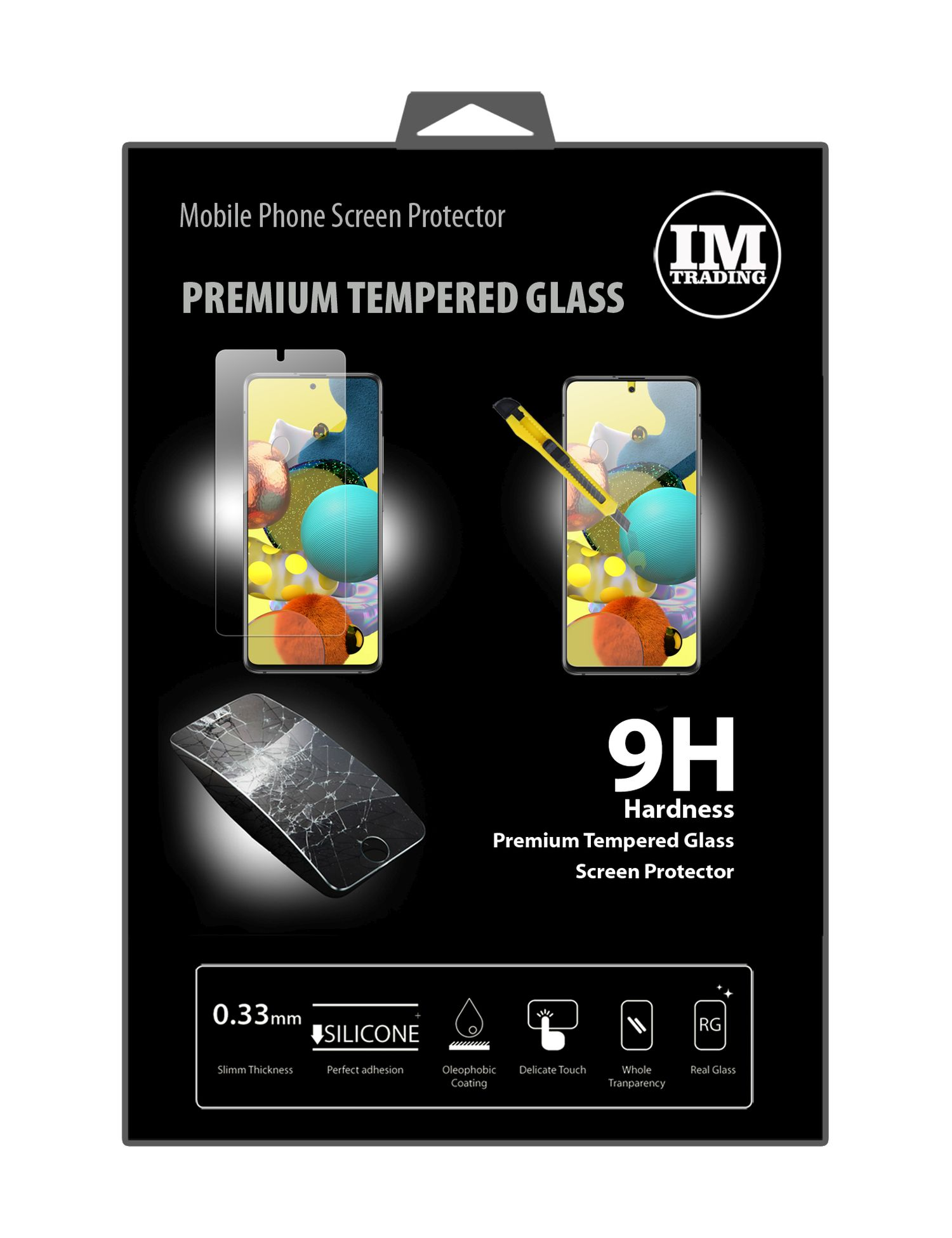 Verpackung für einen Displayschutz für Mobiltelefone. Enthält Displayschutz und Telefonbilder.