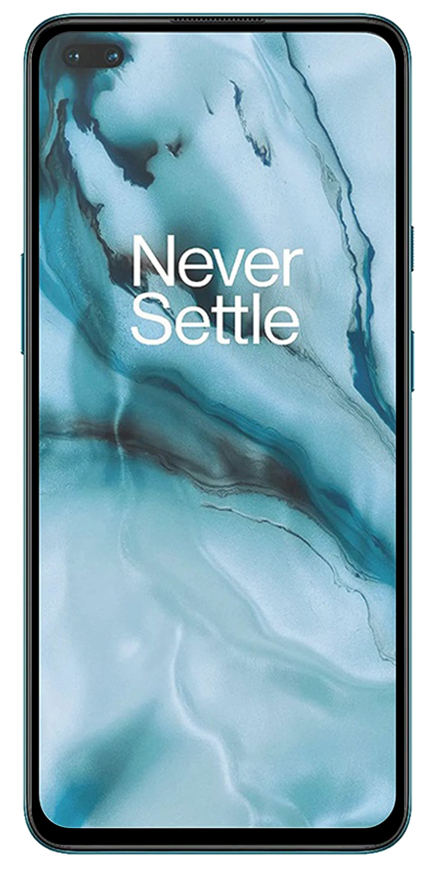 Blaues Smartphone mit dem Text "Never Settle". Weißer Hintergrund.