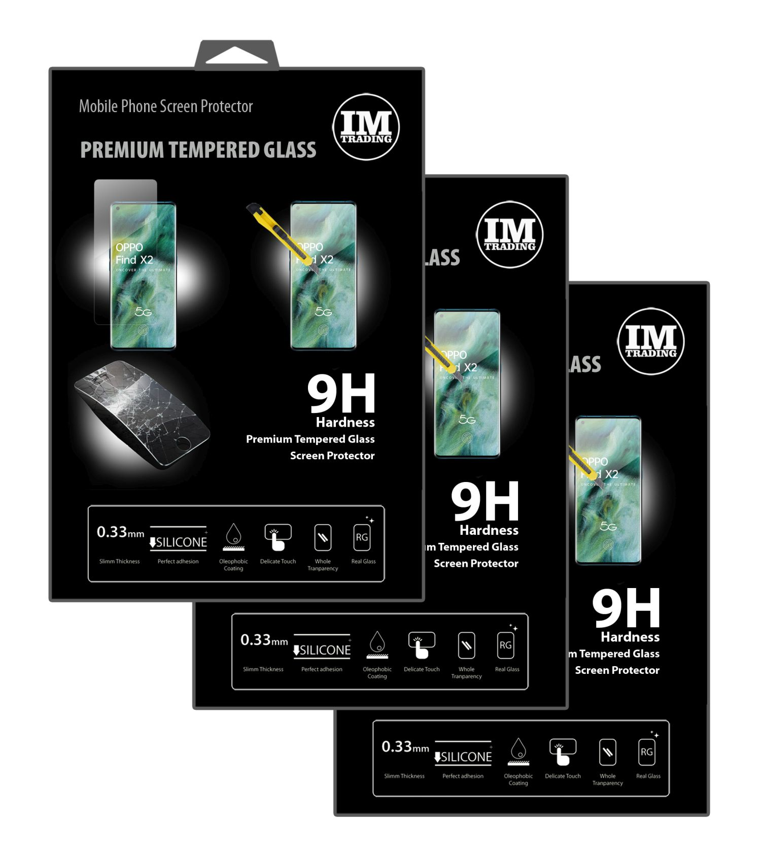 Verpackung für Panzerglas-Displayschutzfolie auf schwarzem Hintergrund mit Logo.