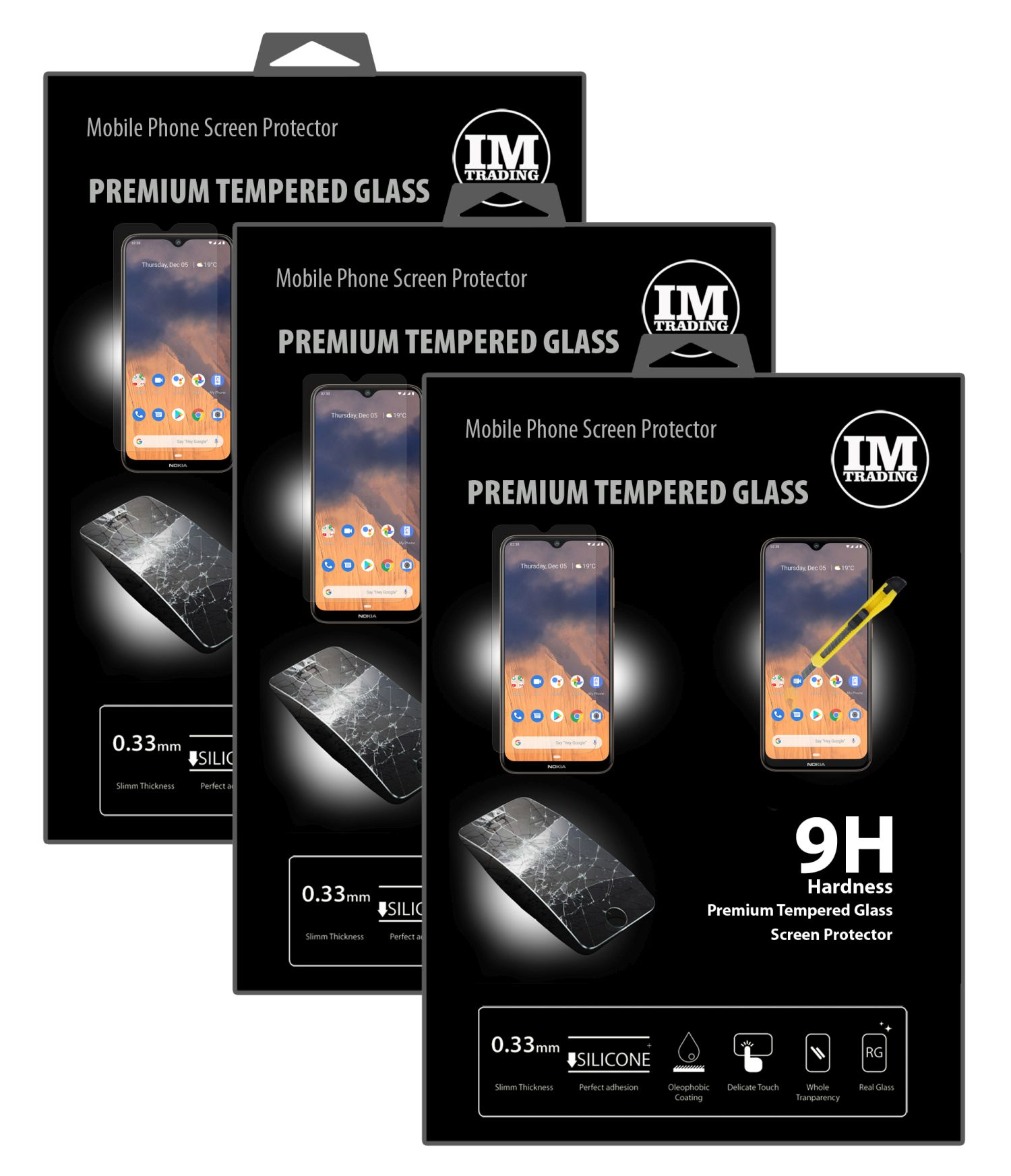 Drei schwarze Schachteln mit Displayschutzfolien mit Telefon und Messer, zeigen das Produkt.