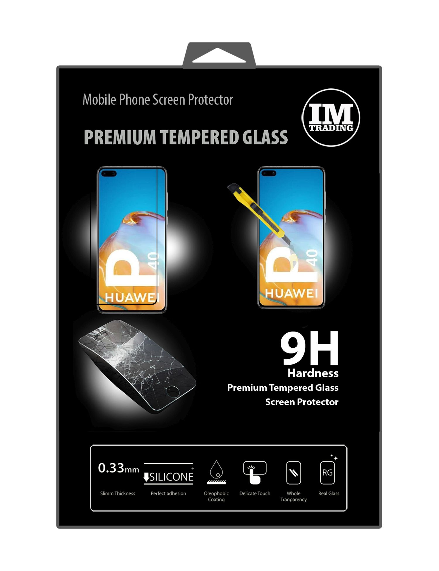Eine schwarze Box mit Displayschutzfolie. Text sagt 'Premium Tempered Glass', '9H Härte' und '0,33 mm'.