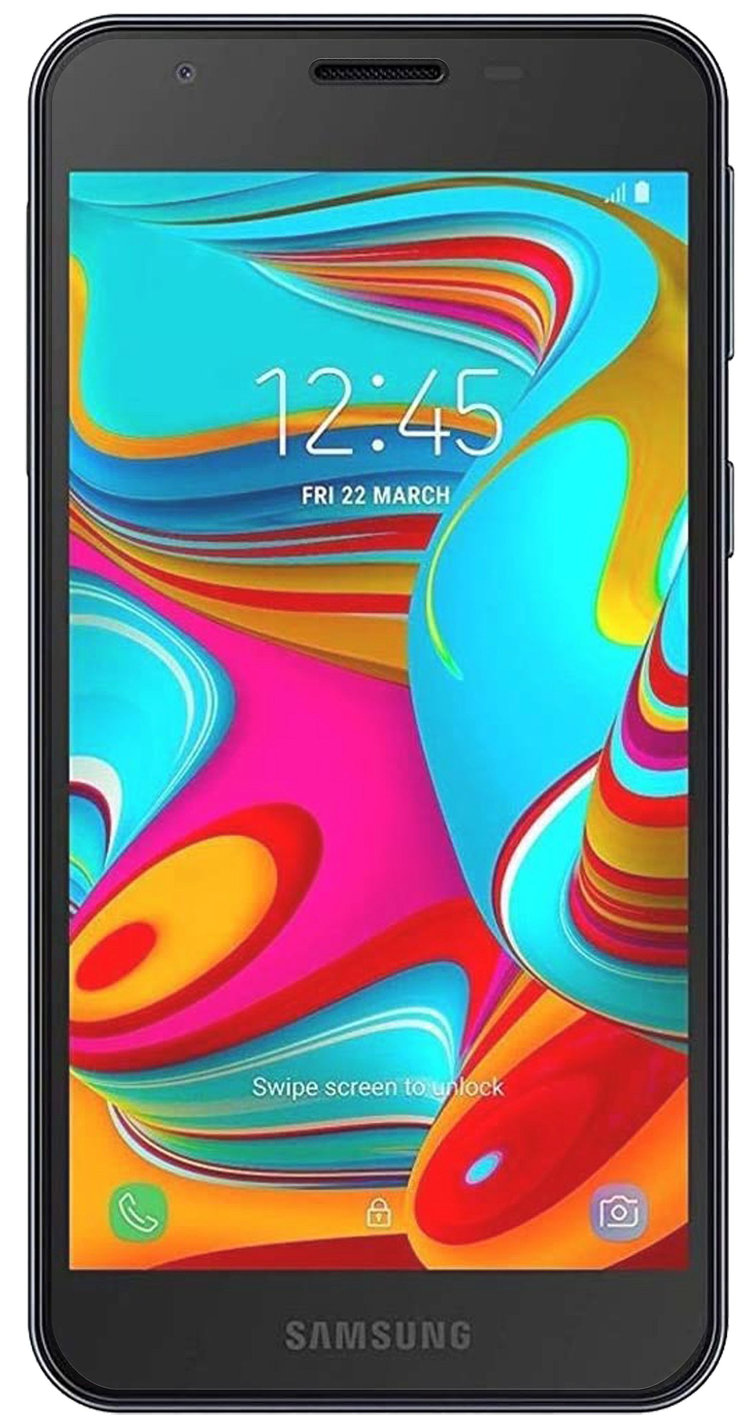 Schwarzes Samsung-Telefon mit farbenfrohem, abstraktem Hintergrund auf dem Bildschirm.