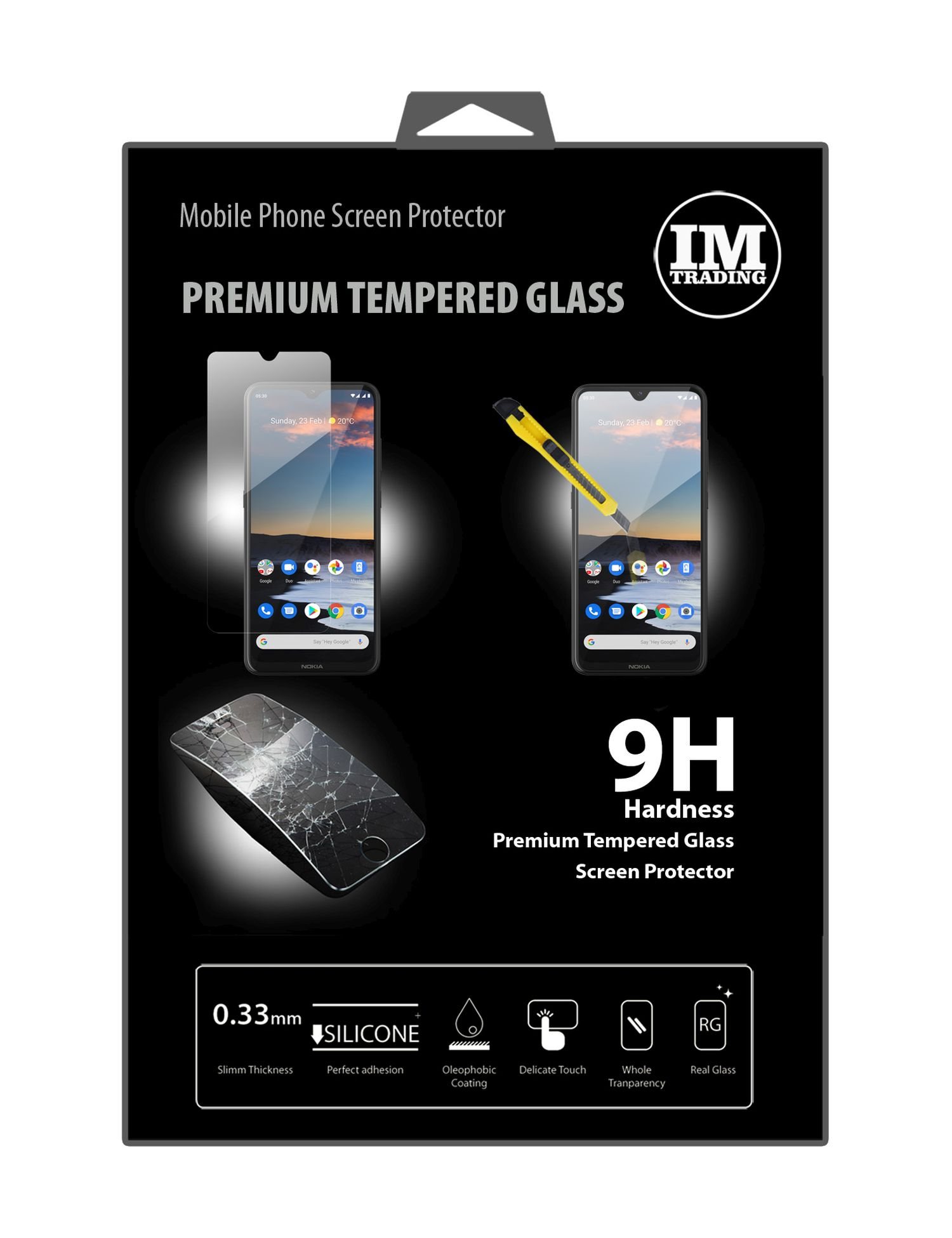 Verpackter Displayschutz für ein Mobiltelefon mit Bildern von Bildschirmen und Glassplittern.