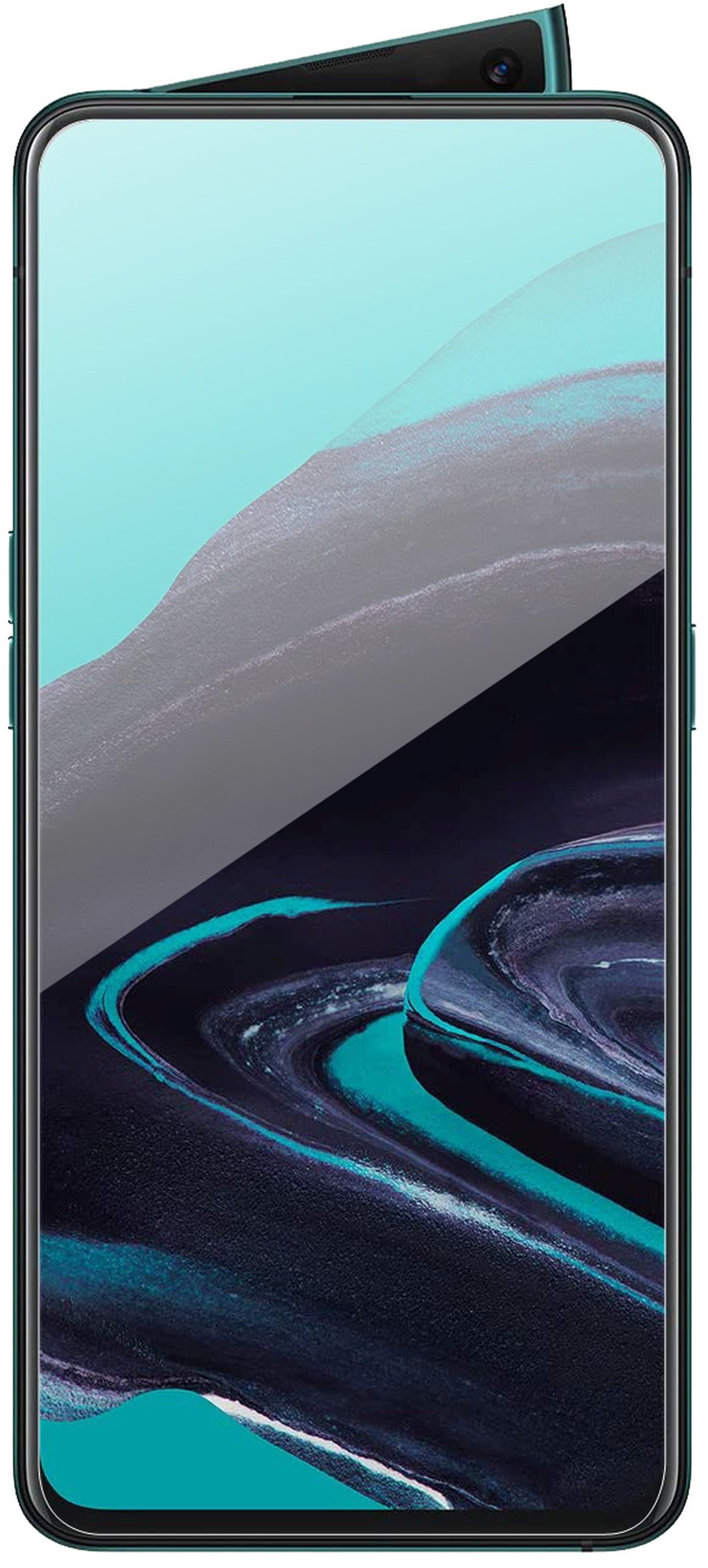 Ein türkisfarbenes Smartphone mit Pop-up-Kamera, zeigt abstrakten Hintergrund.