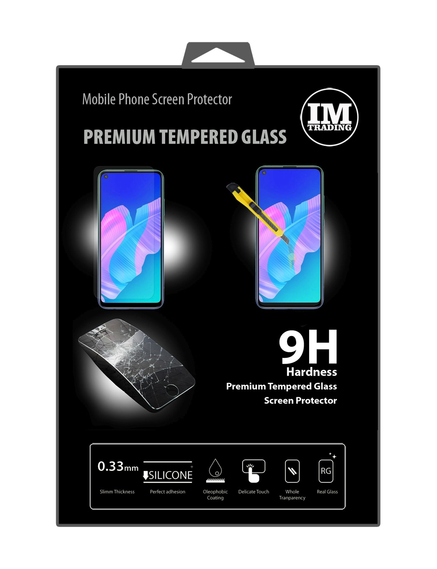 Schwarze Box mit Displayschutzfolie für Mobiltelefone. Enthält Telefonbilder und einen zerbrochenen Bildschirm. 9H-Härte-Etikett.