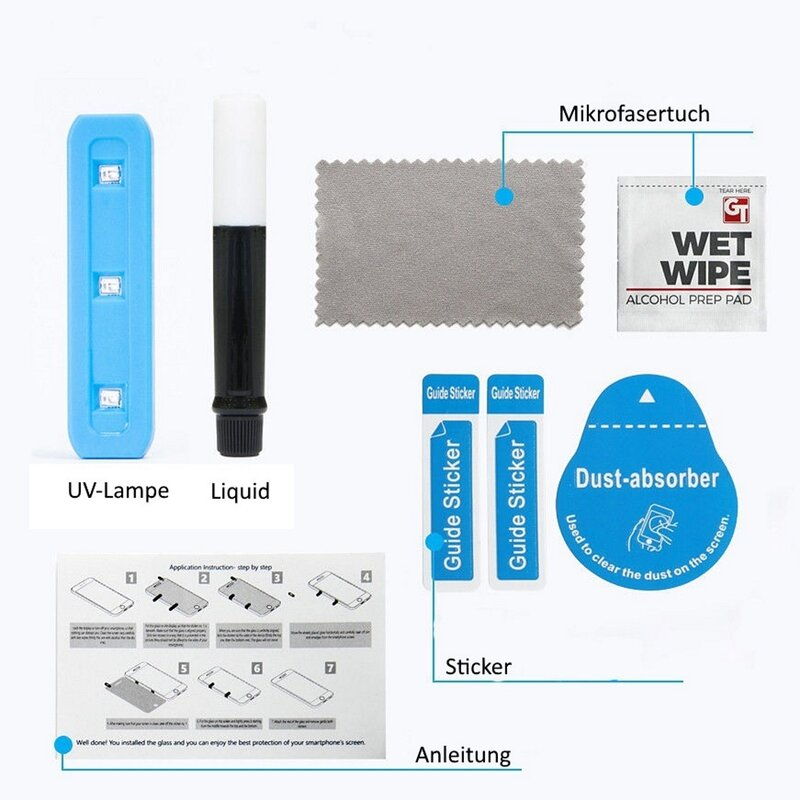 Ein Kit mit Reinigungswerkzeugen, einer UV-Lampe, Flüssigkeit, Aufklebern und Anweisungen.