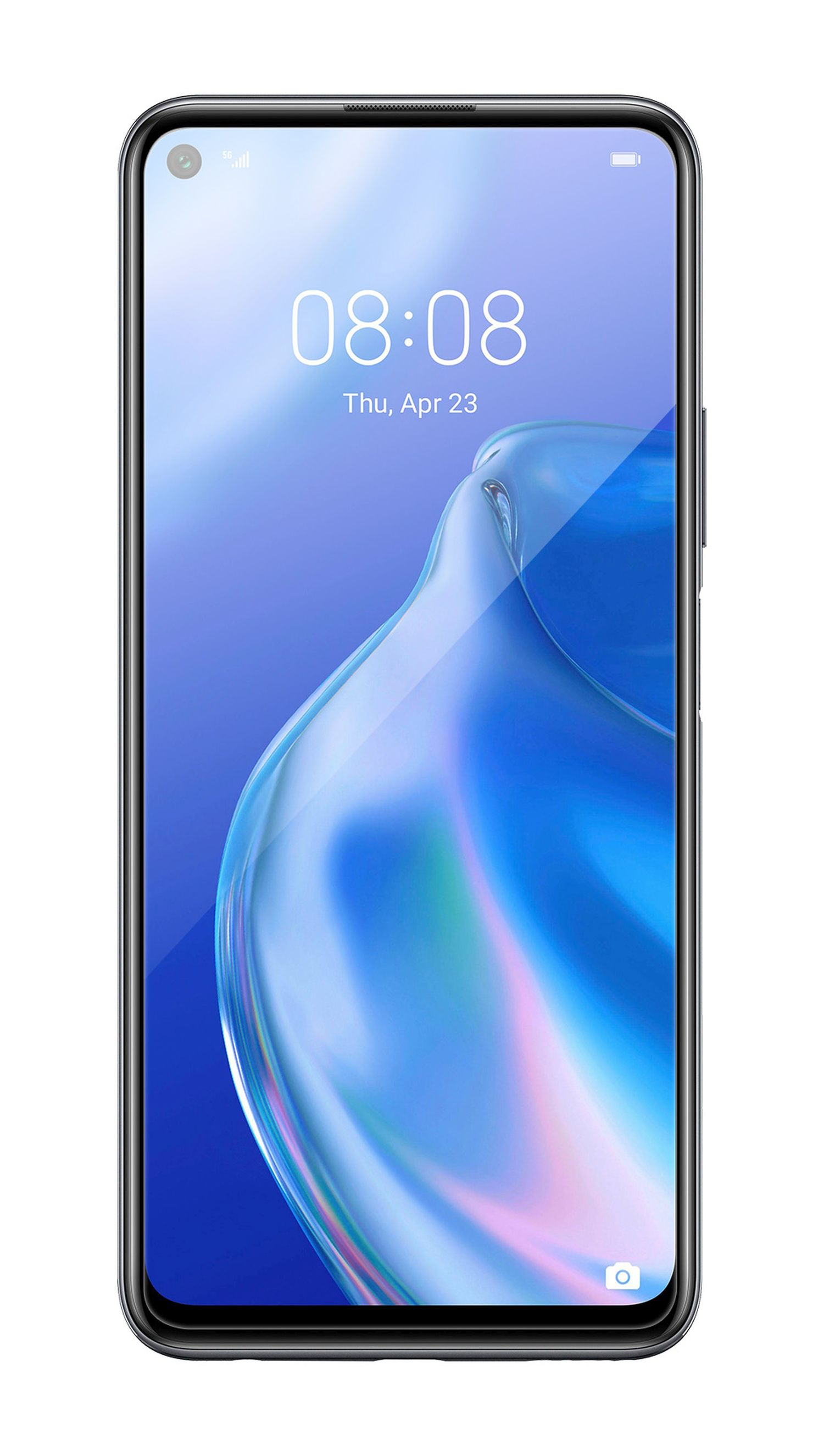 Schwarzes Smartphone mit einer blau-thematischen Benutzeroberfläche, auf dem Bildschirm die Uhrzeit 08:08.