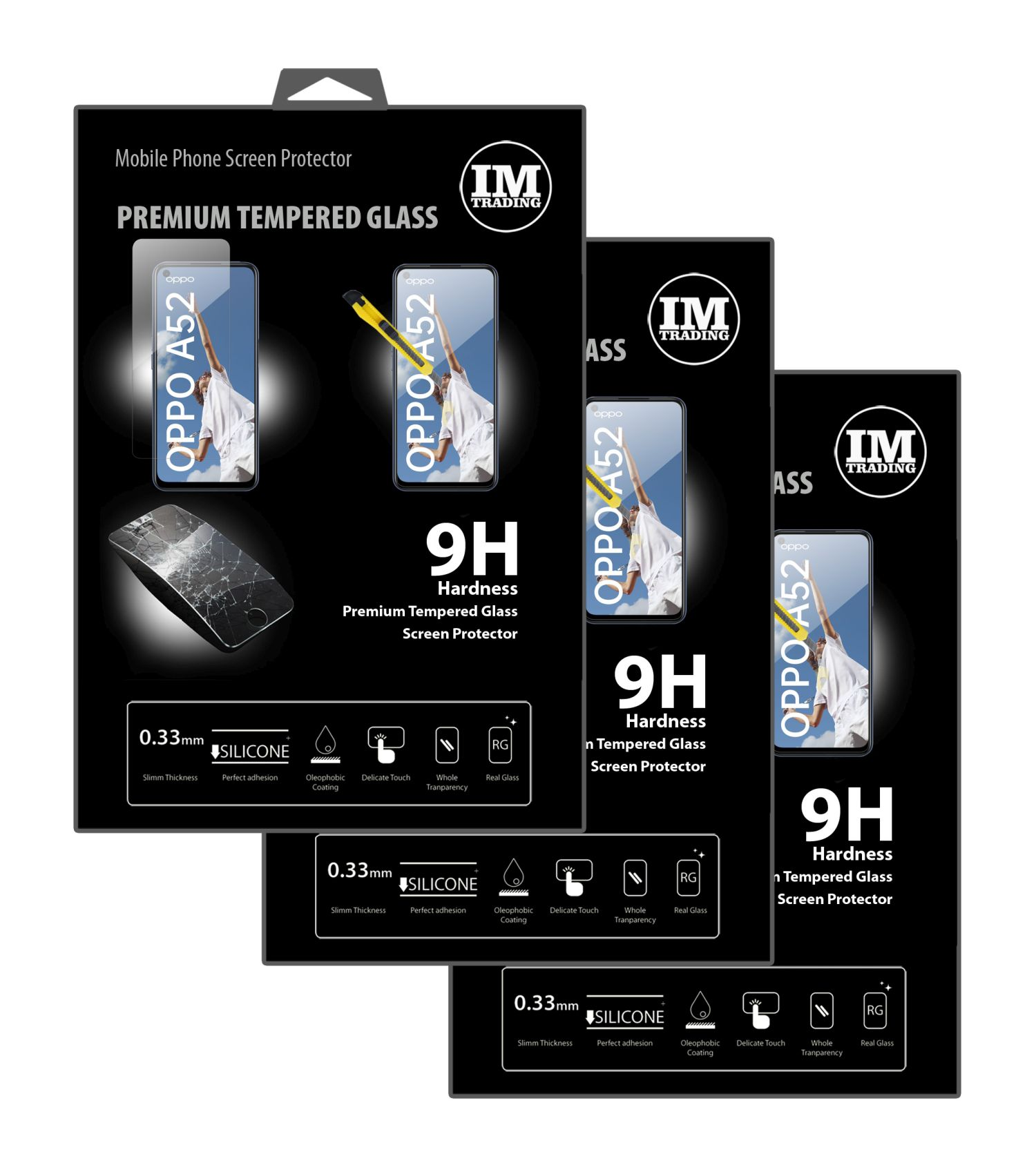Displayschutzfolien-Verpackung für Oppo A52 Telefone. Weißer Hintergrund.