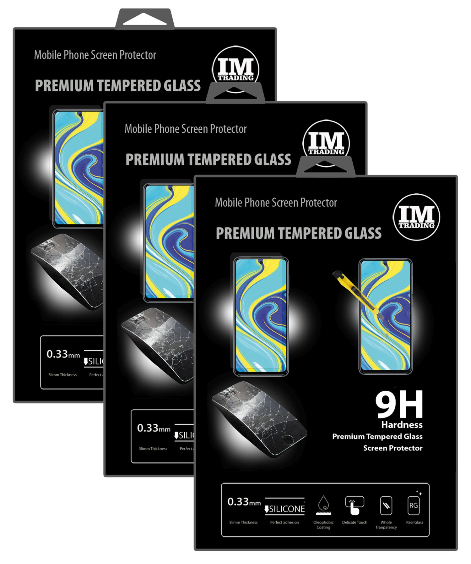 Verpackung für Handy-Displayschutzfolien. Drei Boxen mit Bildern von Handys und Protektoren.