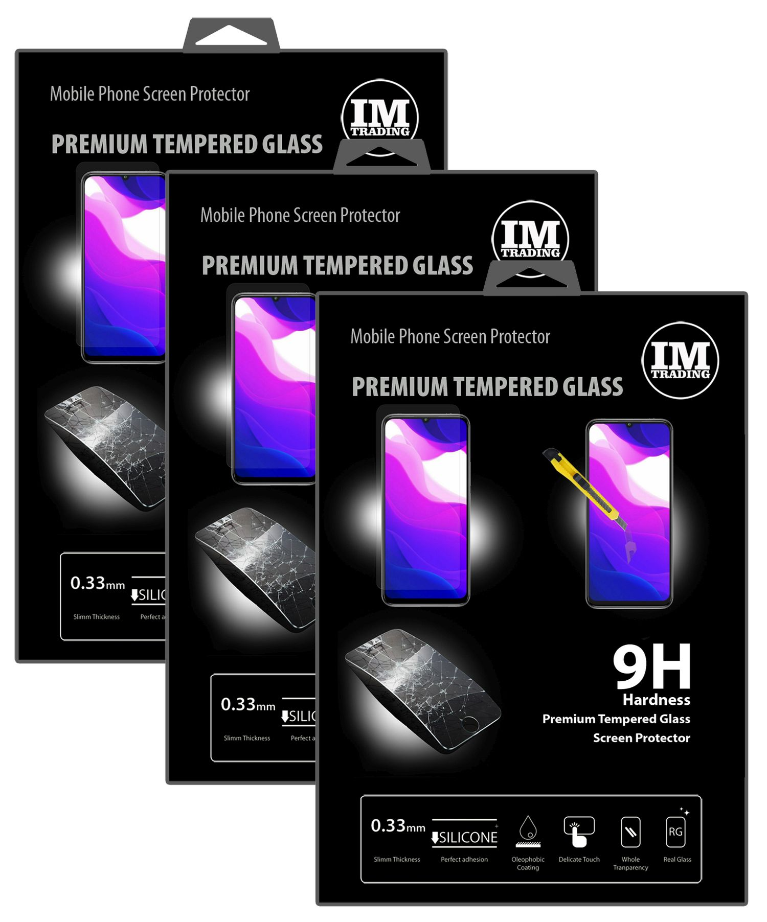 Drei schwarze Boxen, je mit Displayschutzfolie. Die Boxen zeigen eine Handy-Grafik.
