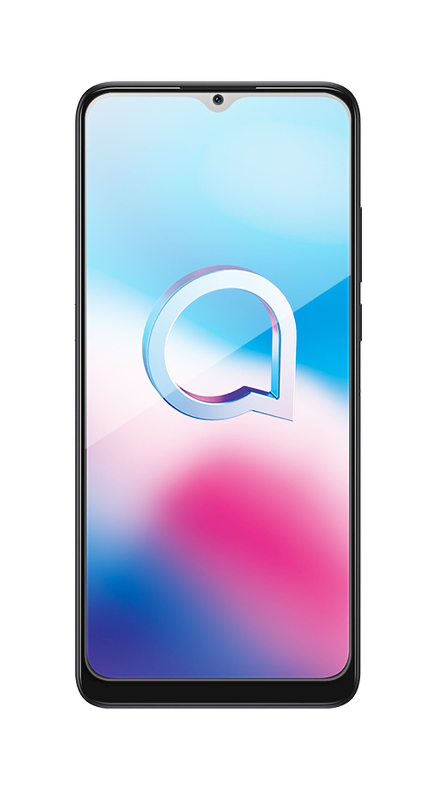 Alcatel Smartphone auf weißem Hintergrund. Zeigt den Bildschirm des Telefons mit dem Markenlogo.